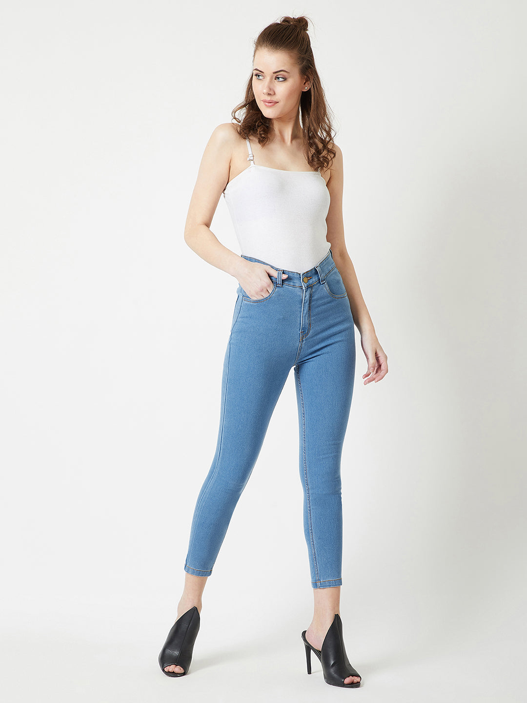 Women's Blue Solid Skinny High Rise Clean Look Cropped Solid Stretchable Denim Jeans