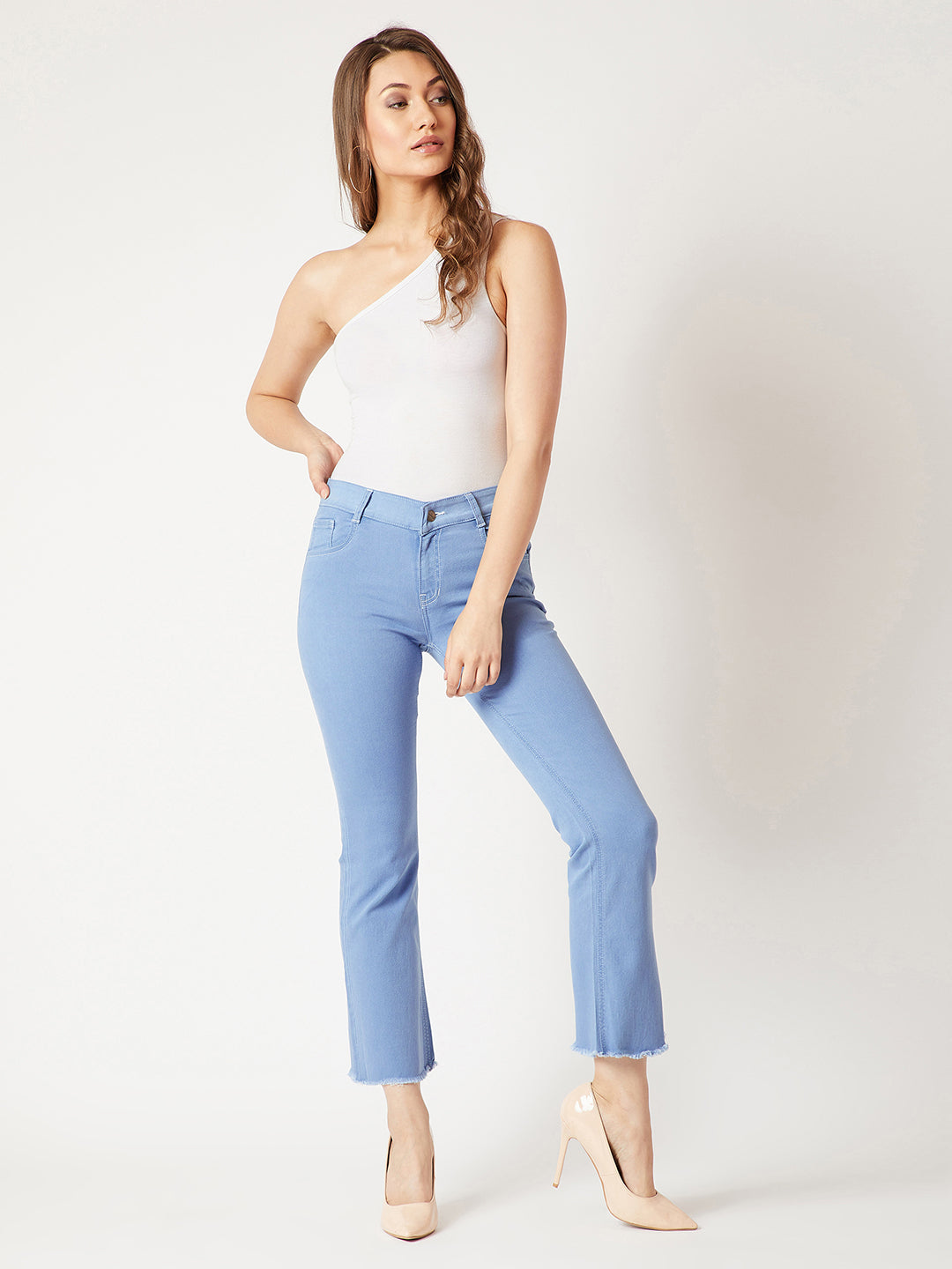 Women's Light Blue Bell Bottom Bootcut Hourglass High Rise Cropped Stretchable Denim Jeans