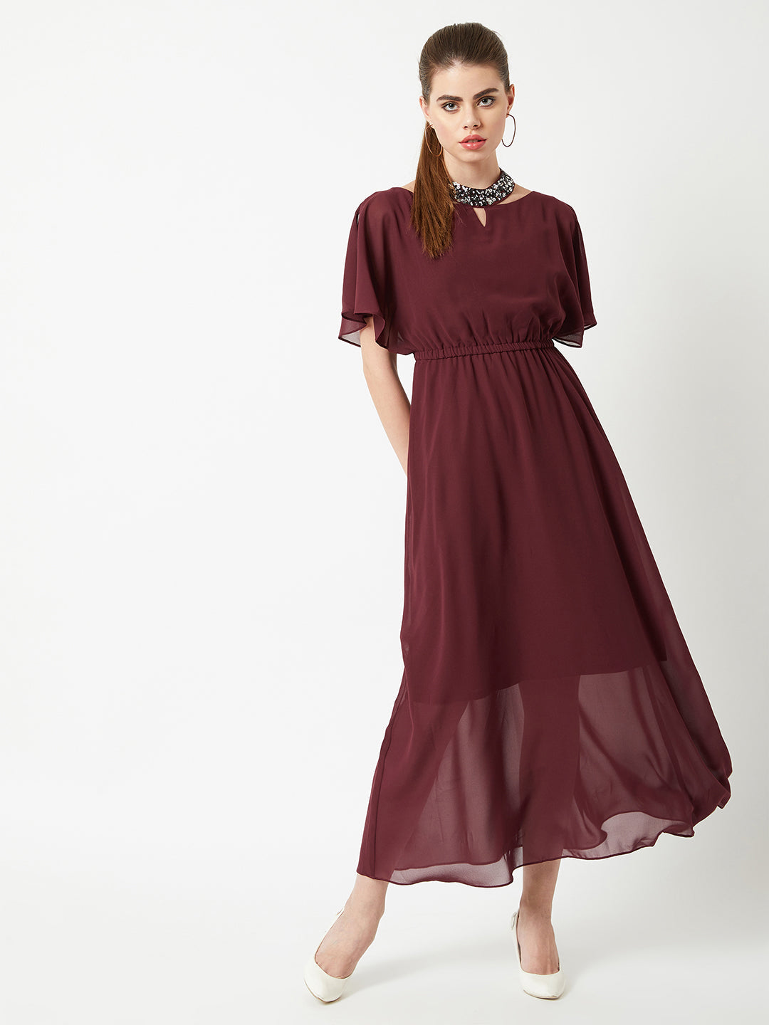 Women's Wine Red Round Neck Flared Solid Embellished Choker/Gathered Maxi Dress