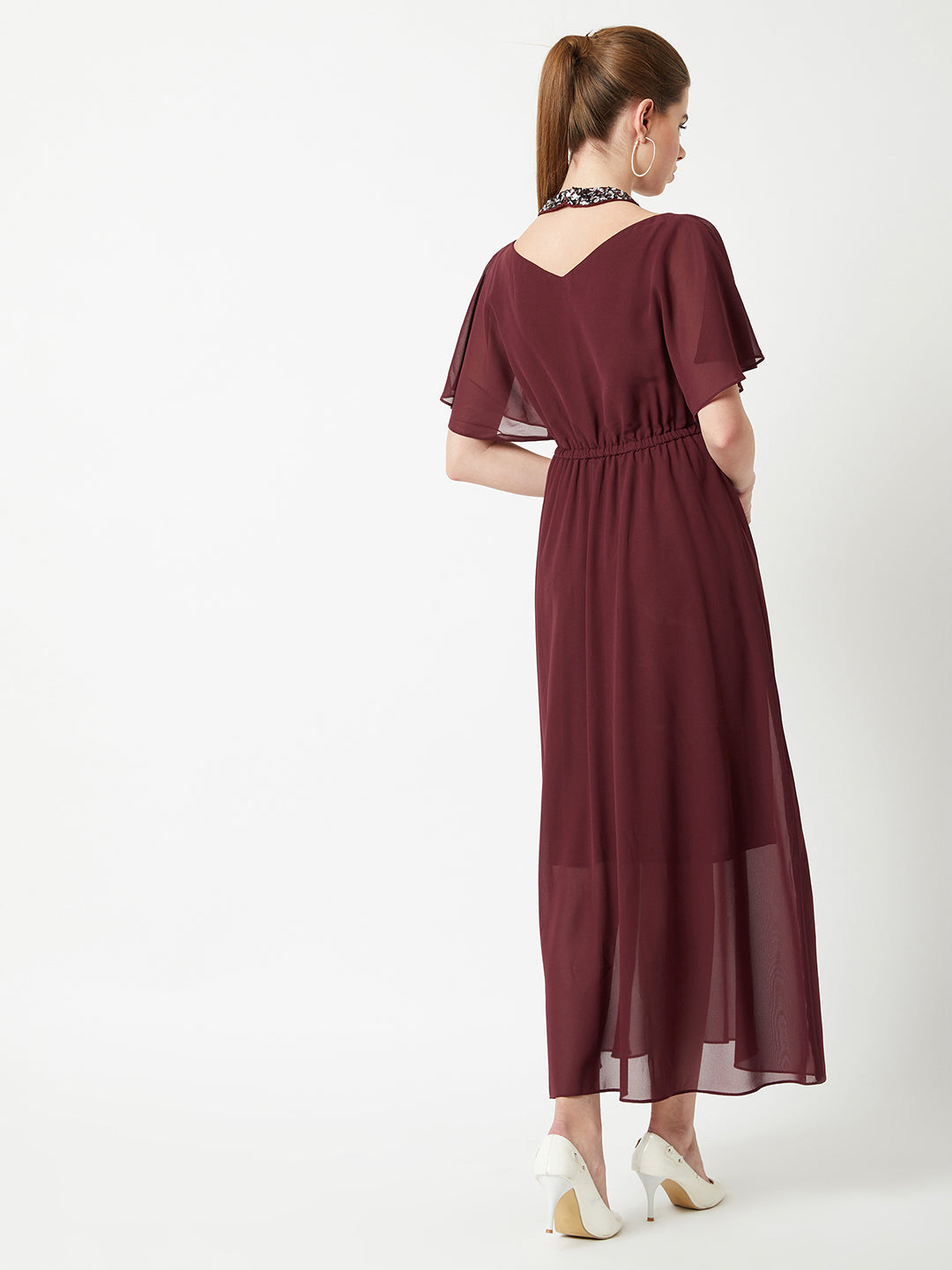 Women's Wine Red Round Neck Flared Solid Embellished Choker/Gathered Maxi Dress