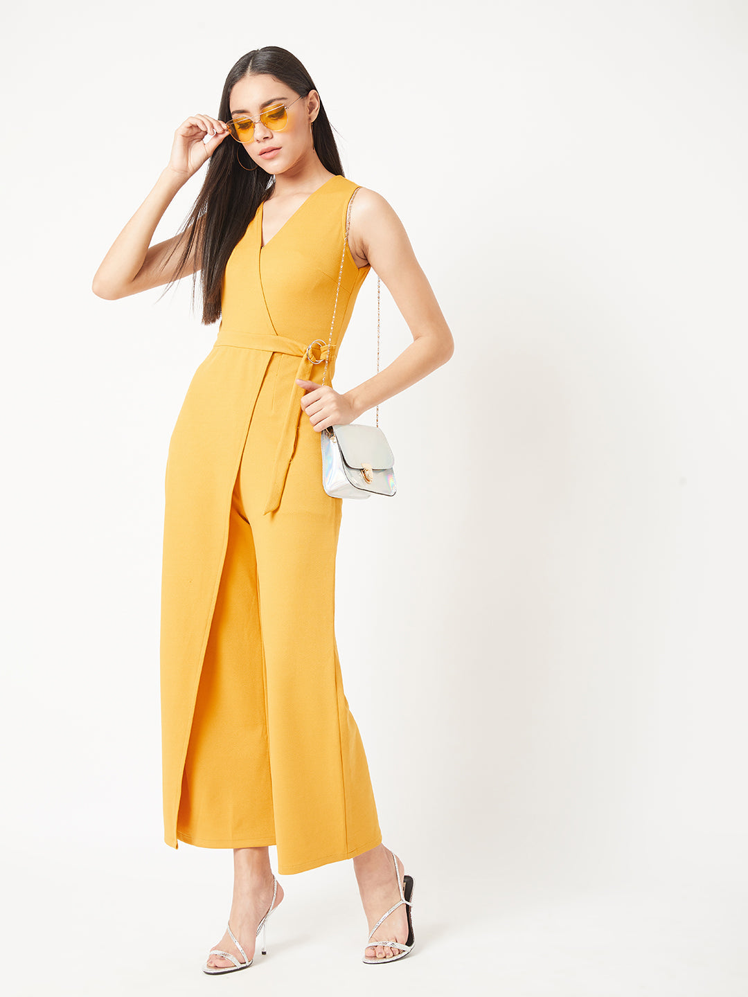 Crease Ease Women's Mustard Yellow V-Neck Sleeveless Solid Wrap Regular Length Jumpsuit