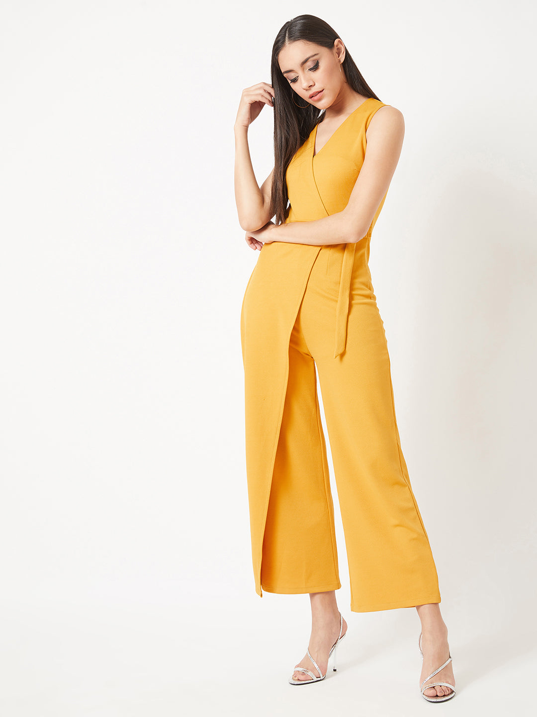 Crease Ease Women's Mustard Yellow V-Neck Sleeveless Solid Wrap Regular Length Jumpsuit