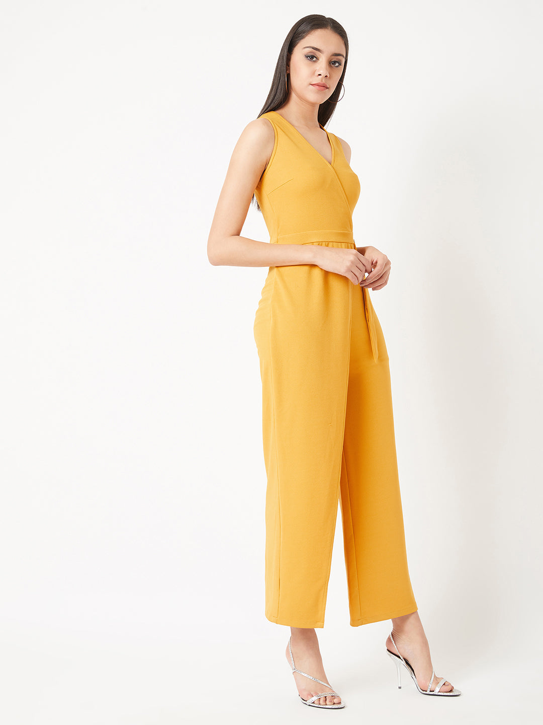 Crease Ease Women's Mustard Yellow V-Neck Sleeveless Solid Wrap Regular Length Jumpsuit