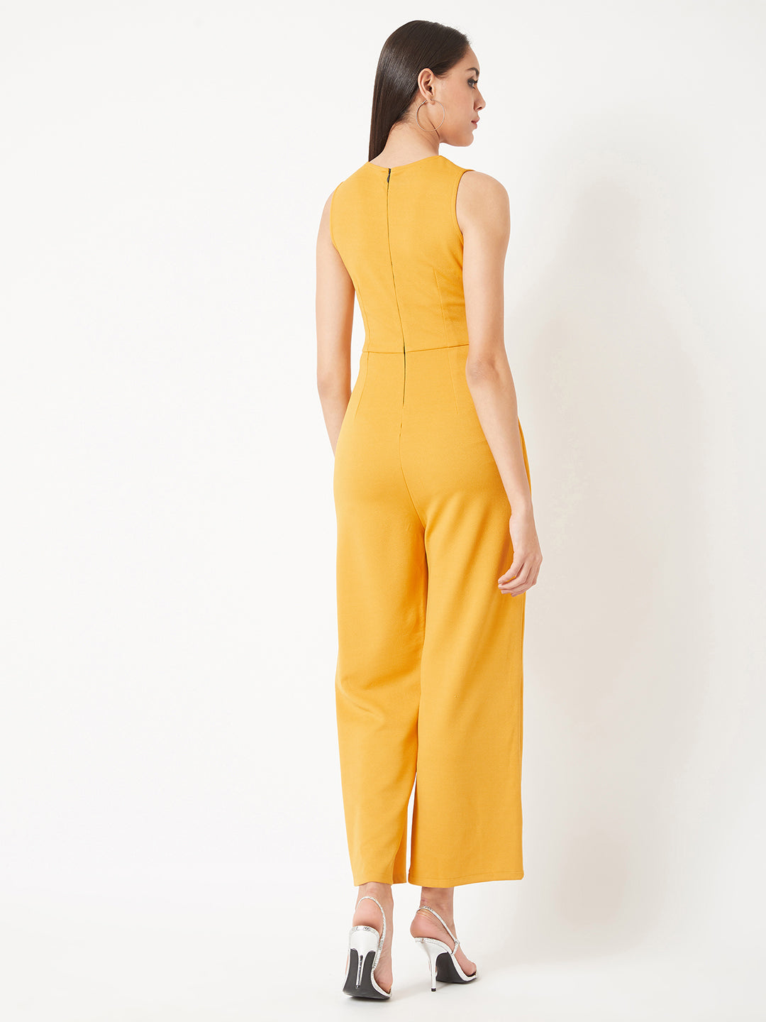 Crease Ease Women's Mustard Yellow V-Neck Sleeveless Solid Wrap Regular Length Jumpsuit