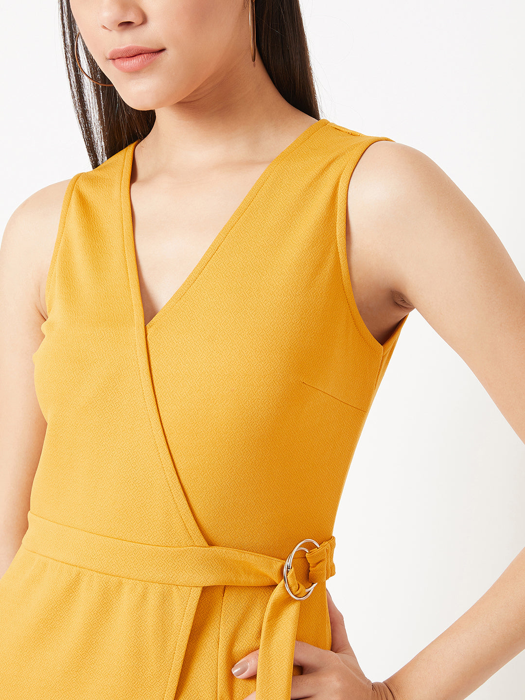 Crease Ease Women's Mustard Yellow V-Neck Sleeveless Solid Wrap Regular Length Jumpsuit