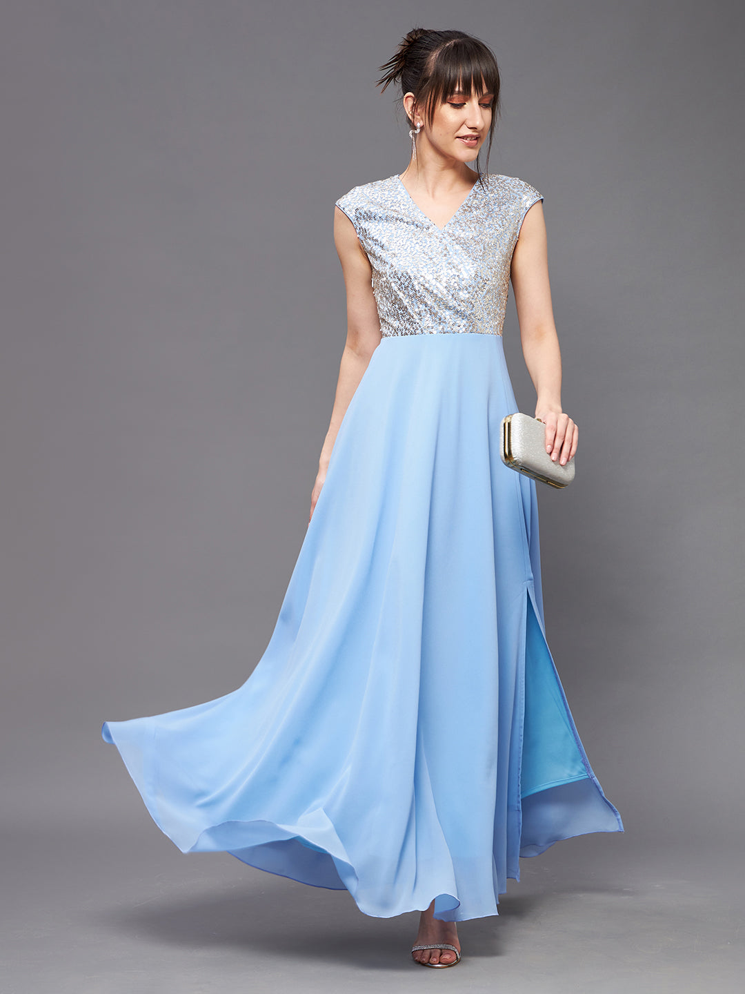 Women's Sky Blue & Gold V-Neck Sleeveless Embellished Wrap Maxi Dress