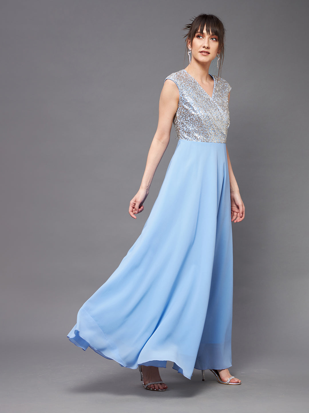 Women's Sky Blue & Gold V-Neck Sleeveless Embellished Wrap Maxi Dress