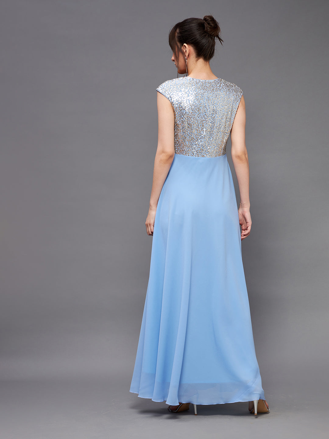 Women's Sky Blue & Gold V-Neck Sleeveless Embellished Wrap Maxi Dress