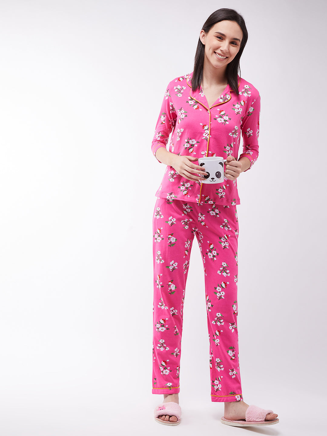 Women's Pink Regular length Printed Three-fourth Sleeves Collared Night Suit Set