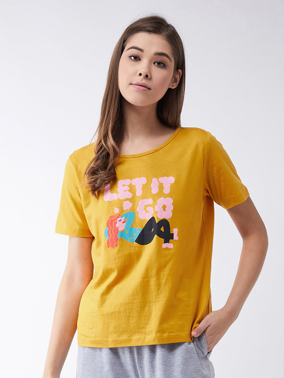 Women's Mustard Yellow Round Neck Short Sleeves Graphic Printed Regular Length T-shirt