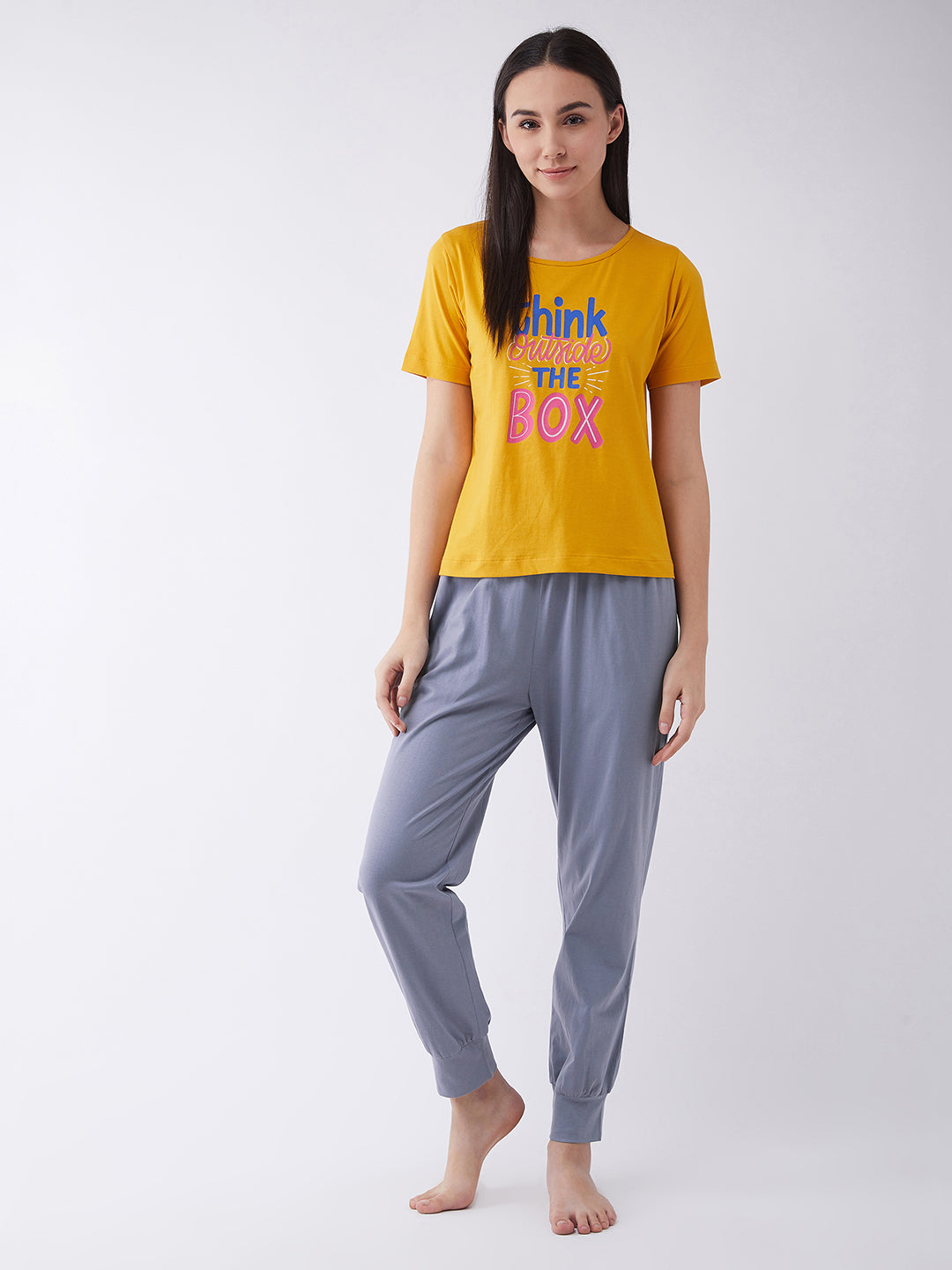 Women's Yellow and Gray Cotton Solid Round Neck Short Sleeve Regular Length Top & Pyjama Set