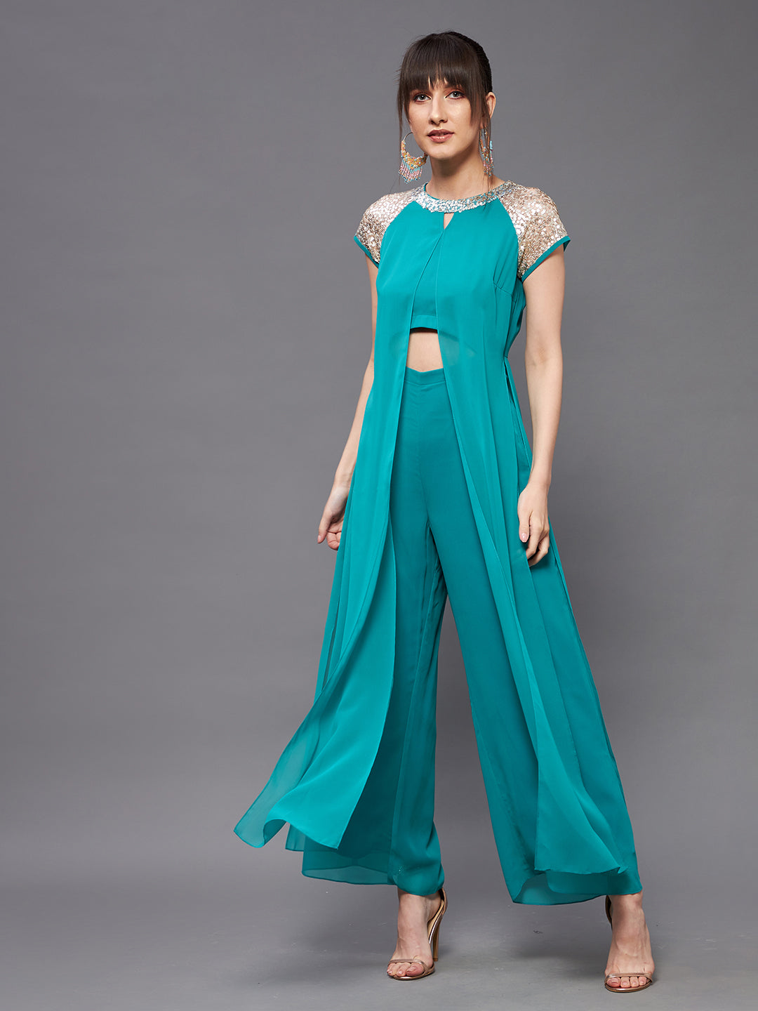 Women's Turquoise Round Neck Raglan Sleeve Sequined Layered Party Jumpsuit