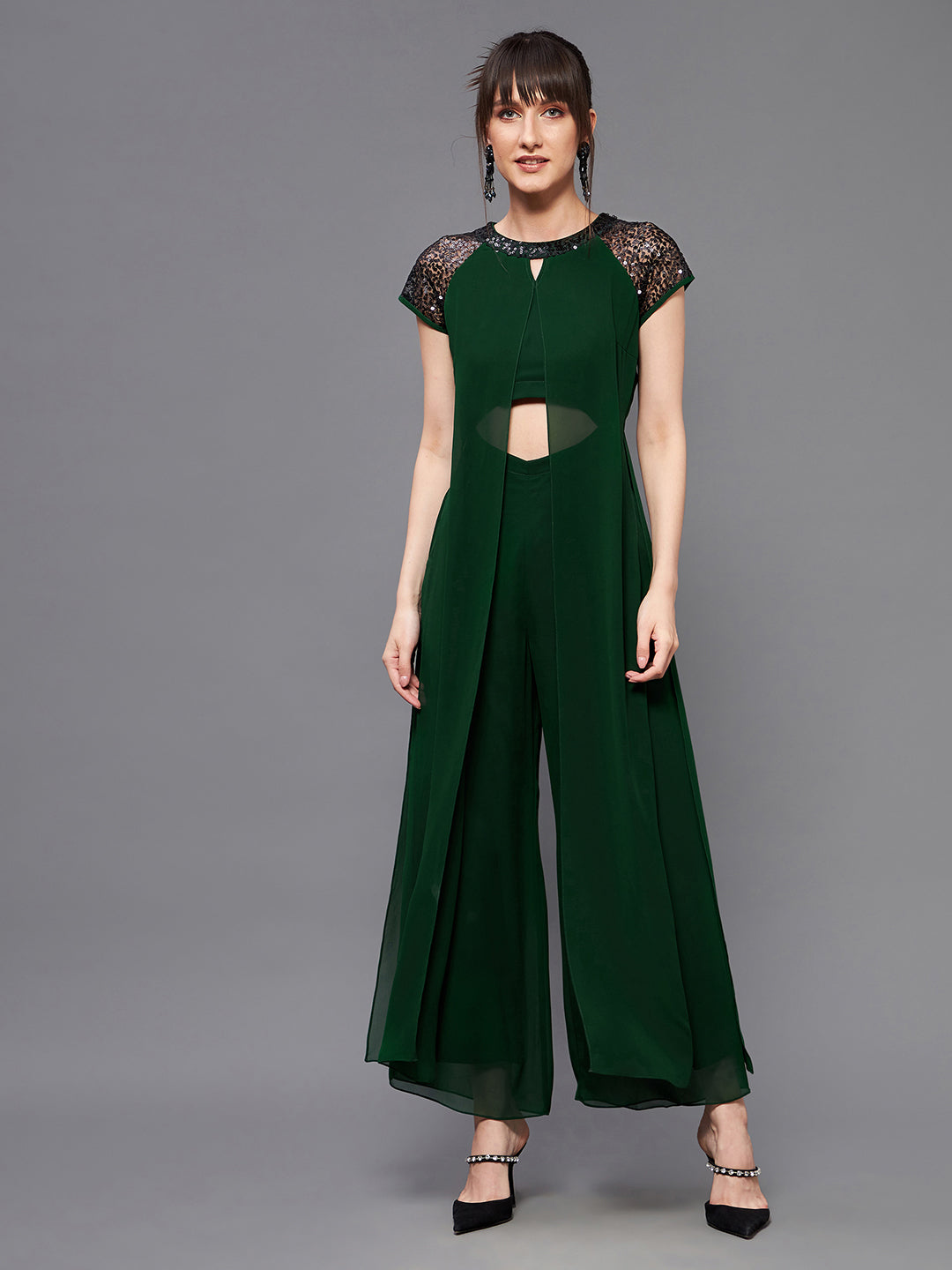 Women's Dark Green Round Neck Raglan Sleeve Sequined Layered Party Jumpsuit