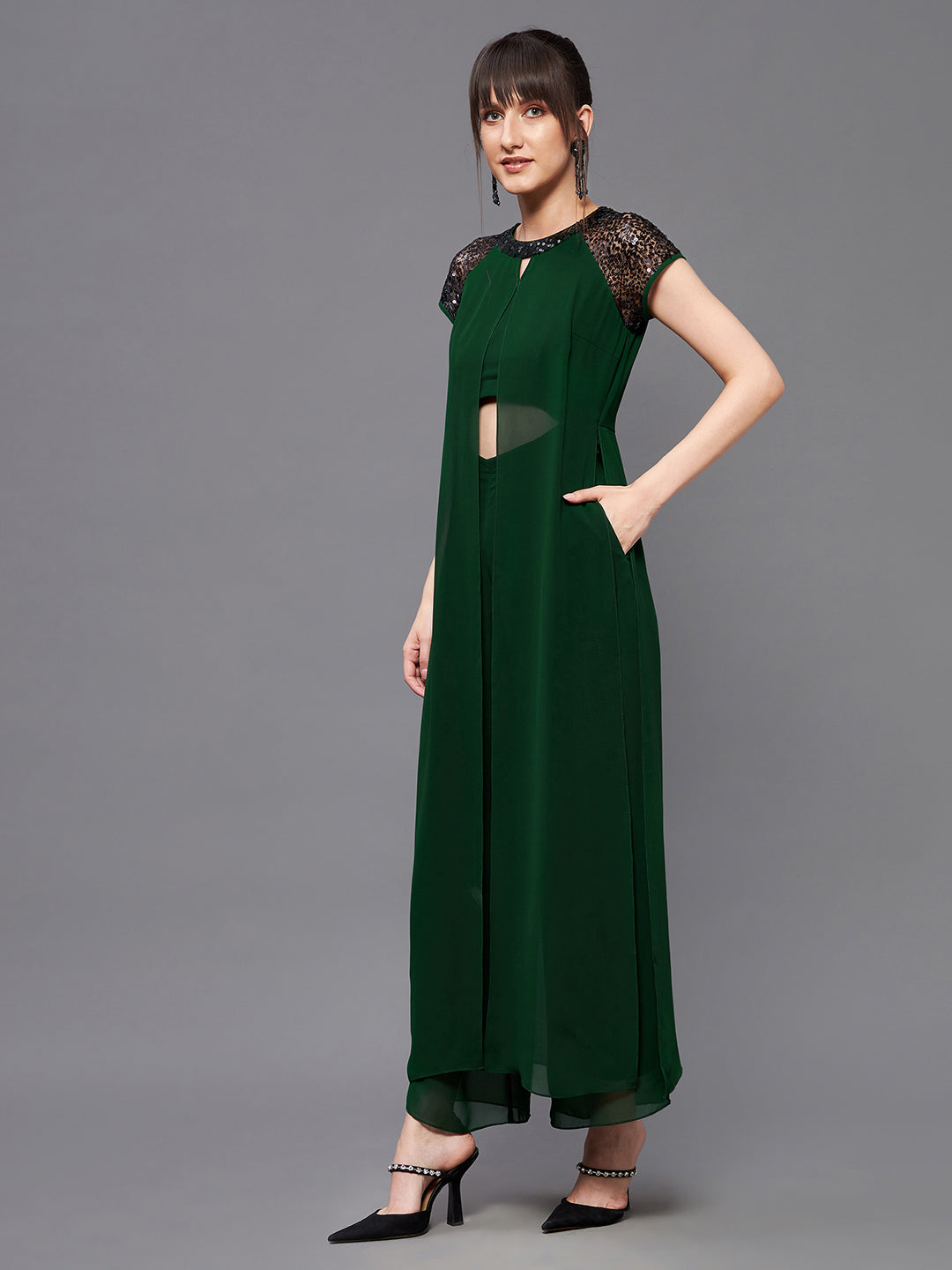 Women's Dark Green Round Neck Raglan Sleeve Sequined Layered Party Jumpsuit