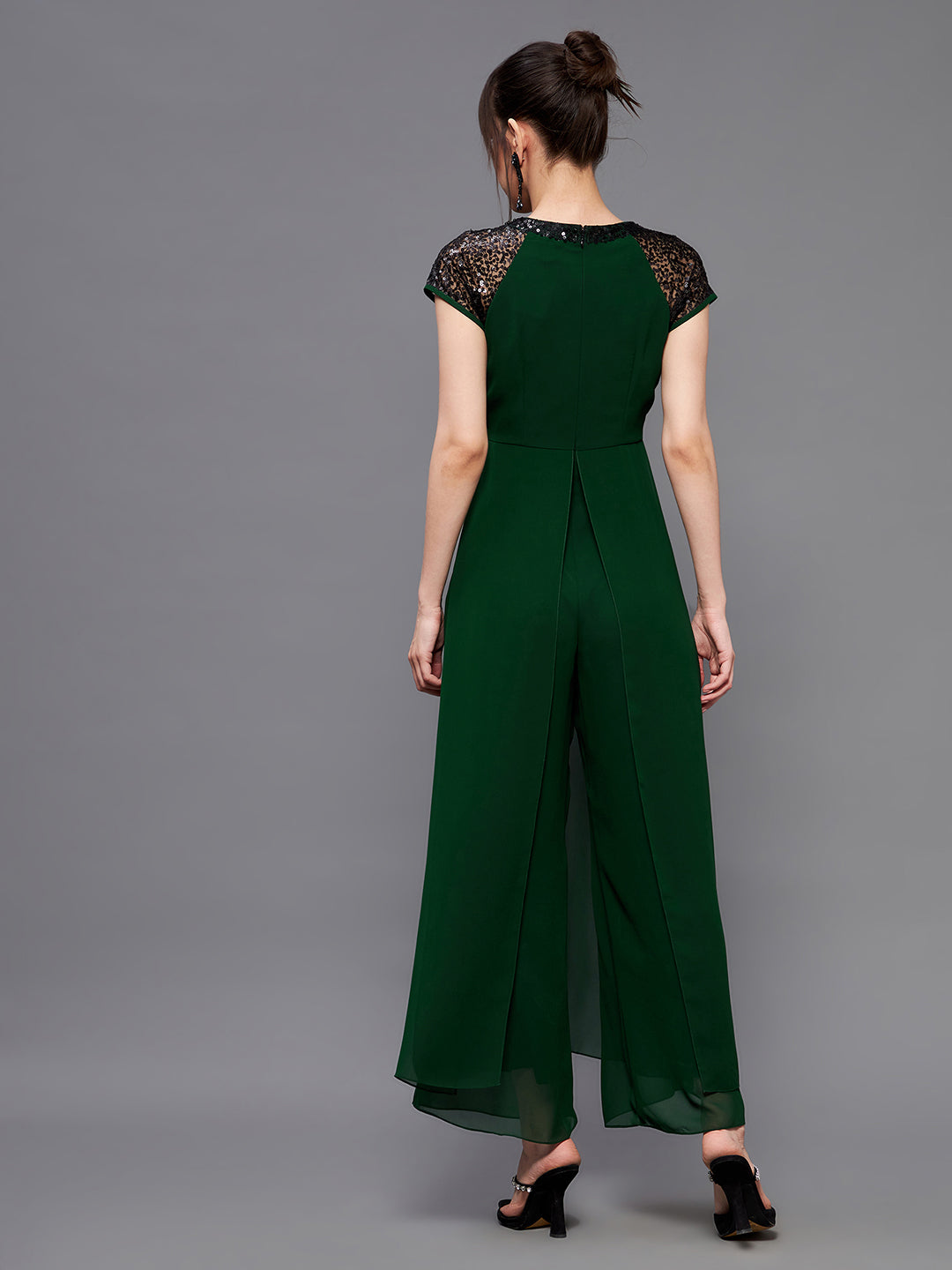 Women's Dark Green Round Neck Raglan Sleeve Sequined Layered Party Jumpsuit