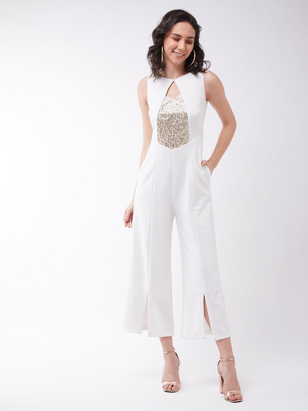 Crease Ease Women's Off-White Solid Regular Length V - Neck Sleeveless Sequin Panel Wide Leg Embellished Jumpsuit