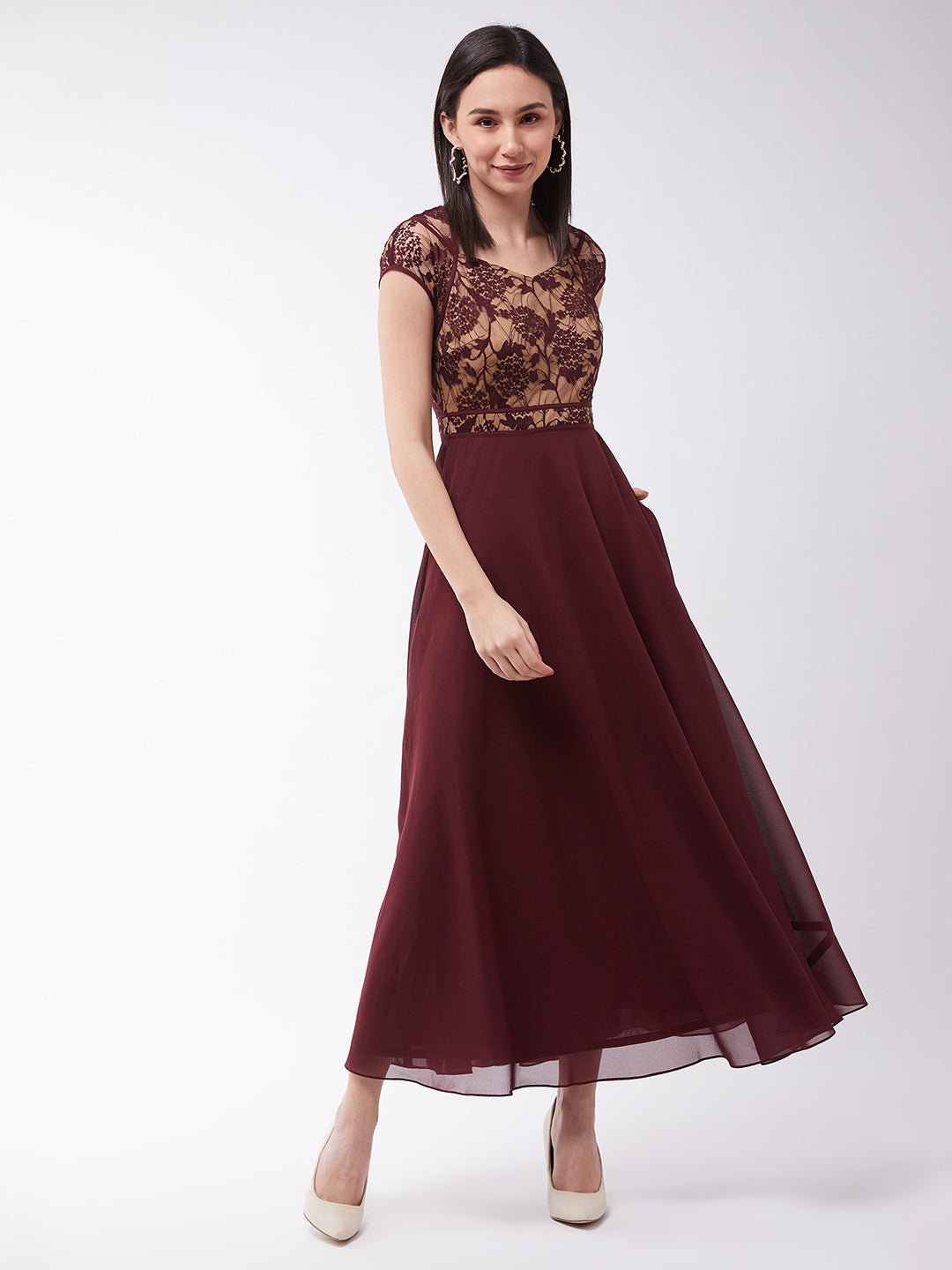 Women's Wine & Beige Floral V - Neck Cap Short Sleeves Lace Overlaid Fit & Flare Paneled Maxi Dress