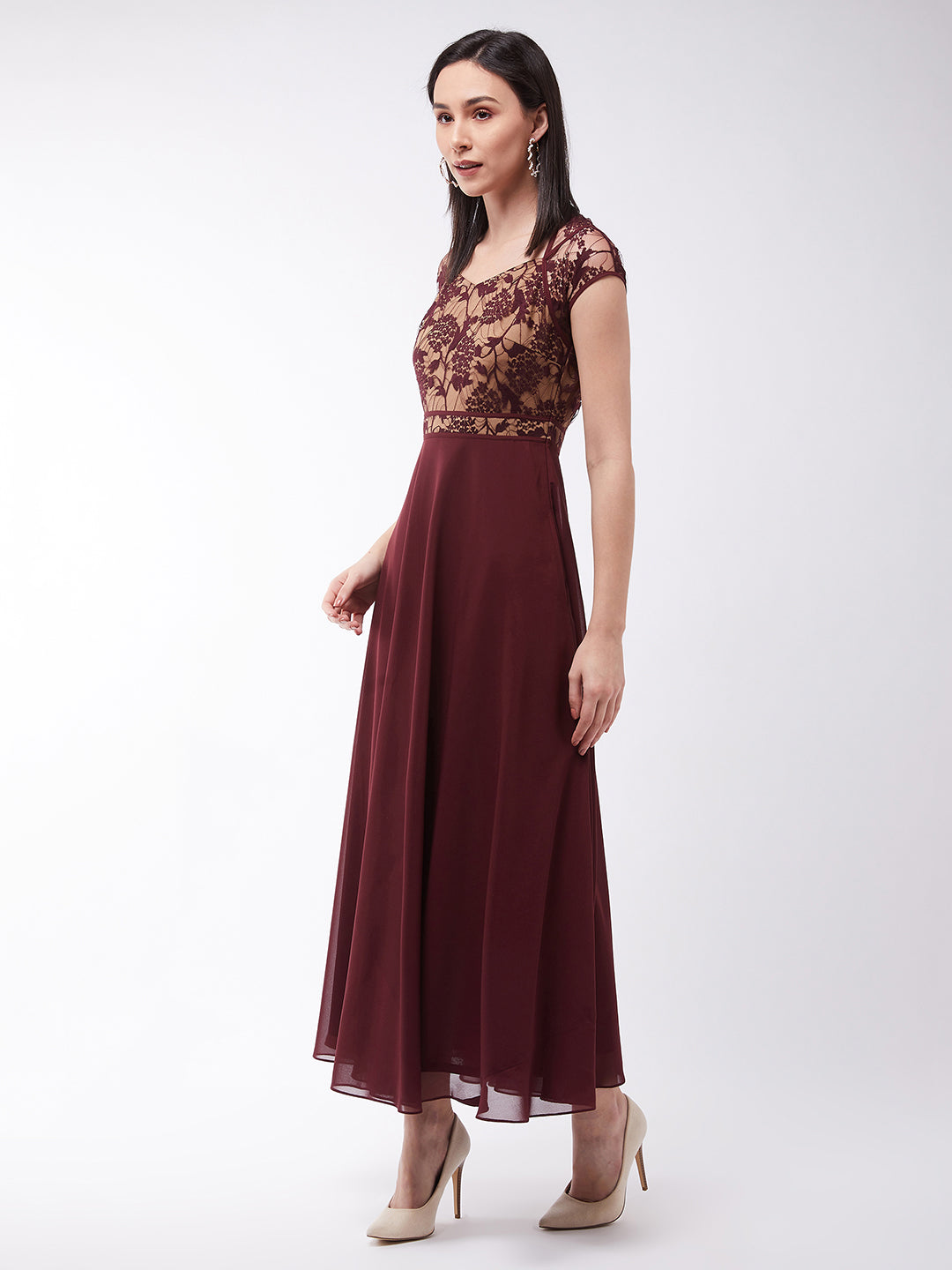 Women's Wine & Beige Floral V - Neck Cap Short Sleeves Lace Overlaid Fit & Flare Paneled Maxi Dress