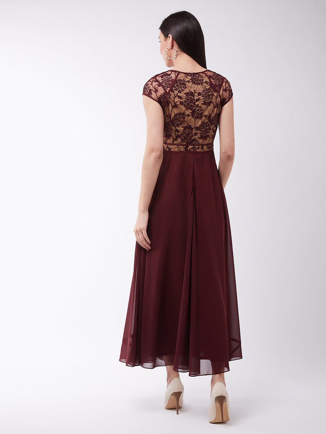 Women's Wine & Beige Floral V - Neck Cap Short Sleeves Lace Overlaid Fit & Flare Paneled Maxi Dress