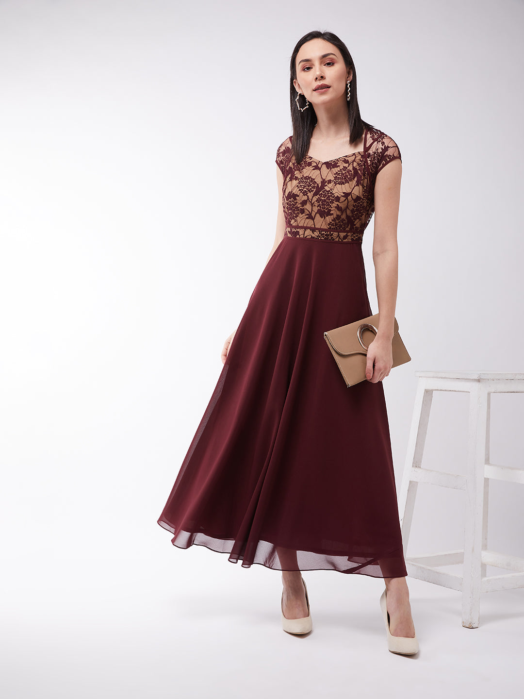 Women's Wine & Beige Floral V - Neck Cap Short Sleeves Lace Overlaid Fit & Flare Paneled Maxi Dress