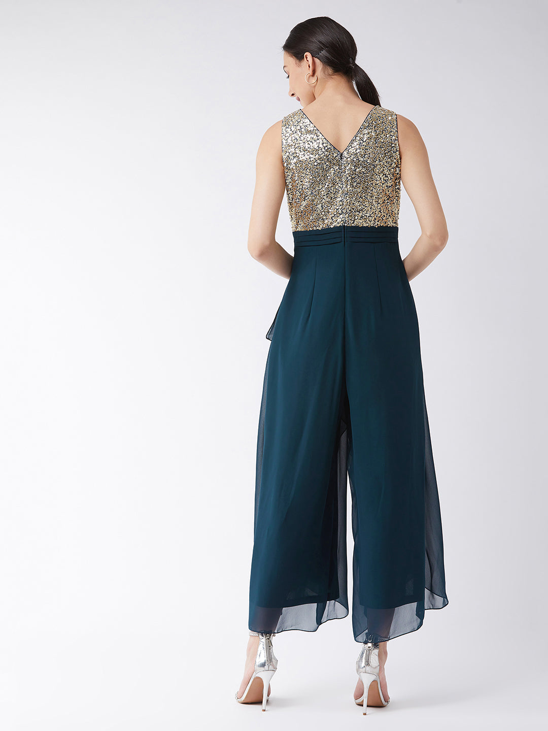 Women's Teal Solid Relaxed Fit Round Neck Sleeveless Sequined Party Jumpsuit