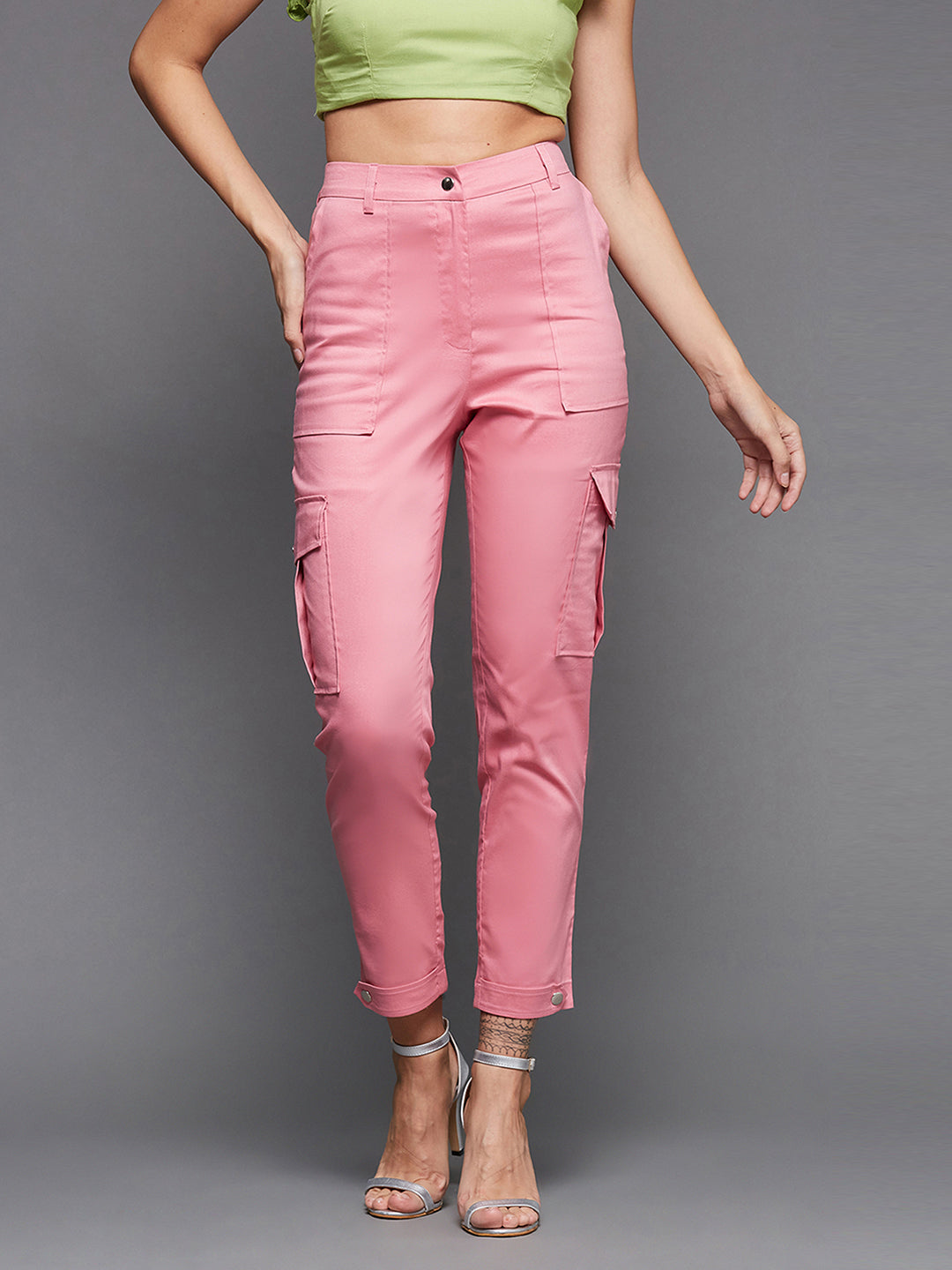 Women's Pink Solid Polyester High Waist Regular Length Trouser