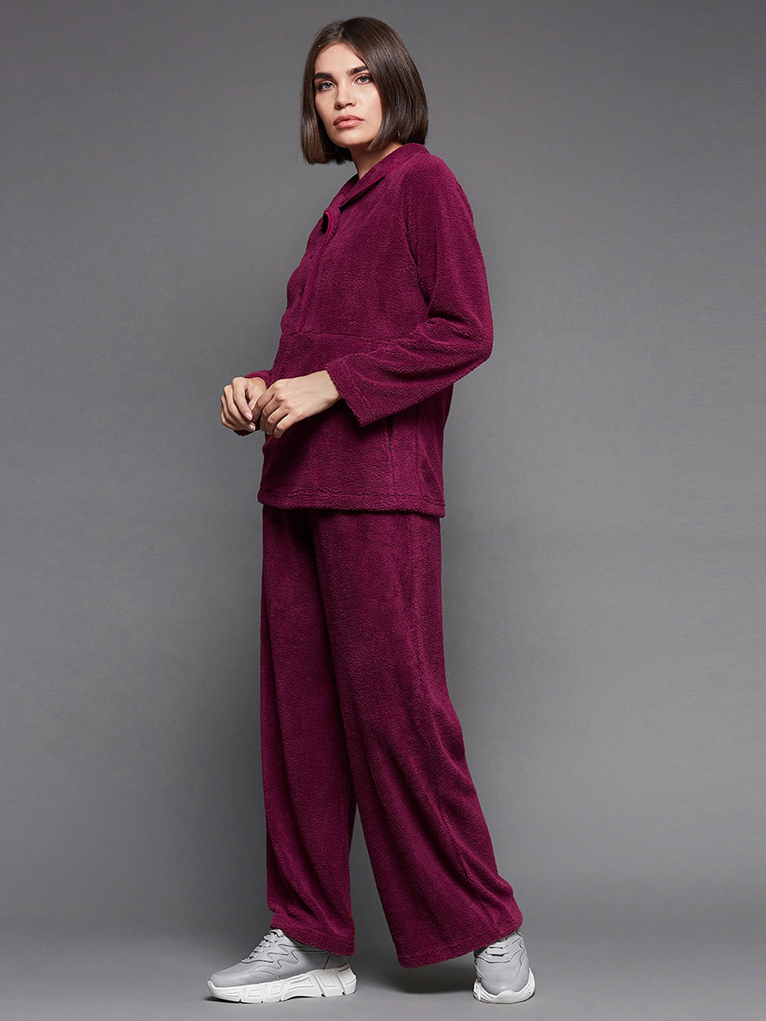 Women's Purple Wine Shirt Collar Raglan Sleeve Solid-Patterned Wide Leg Regular-Length Polyester Co-Ord Set