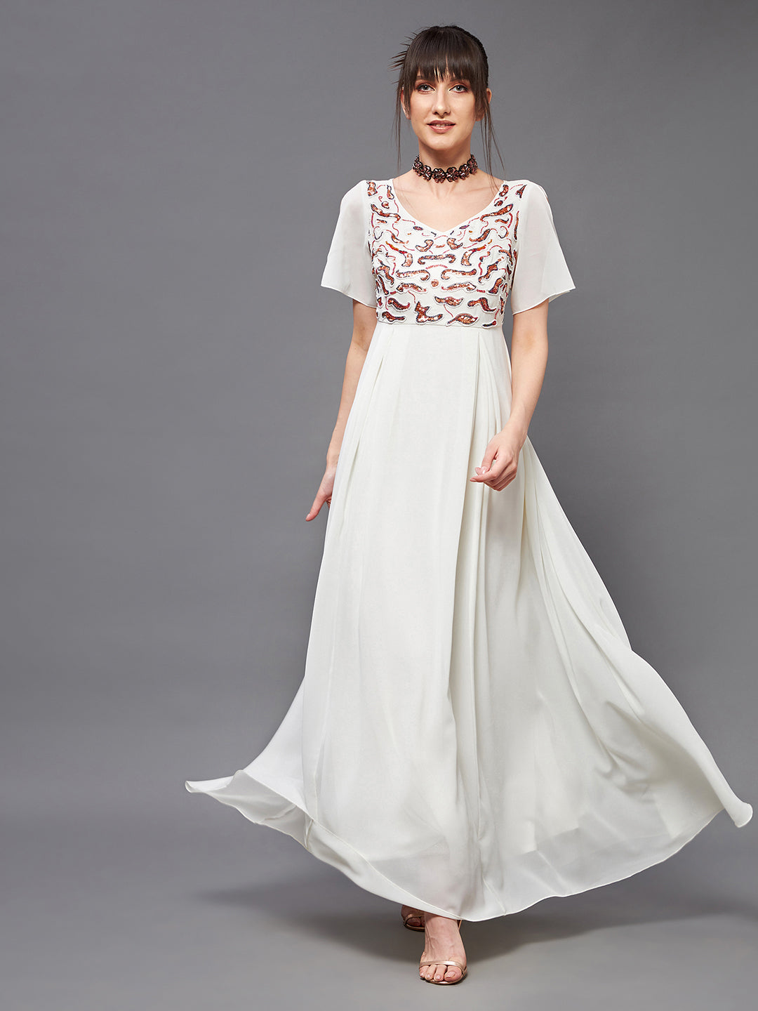 Women's Off White V-Neck Short Slit Sleeve Embroidered Embellished Georgette Maxi Dress