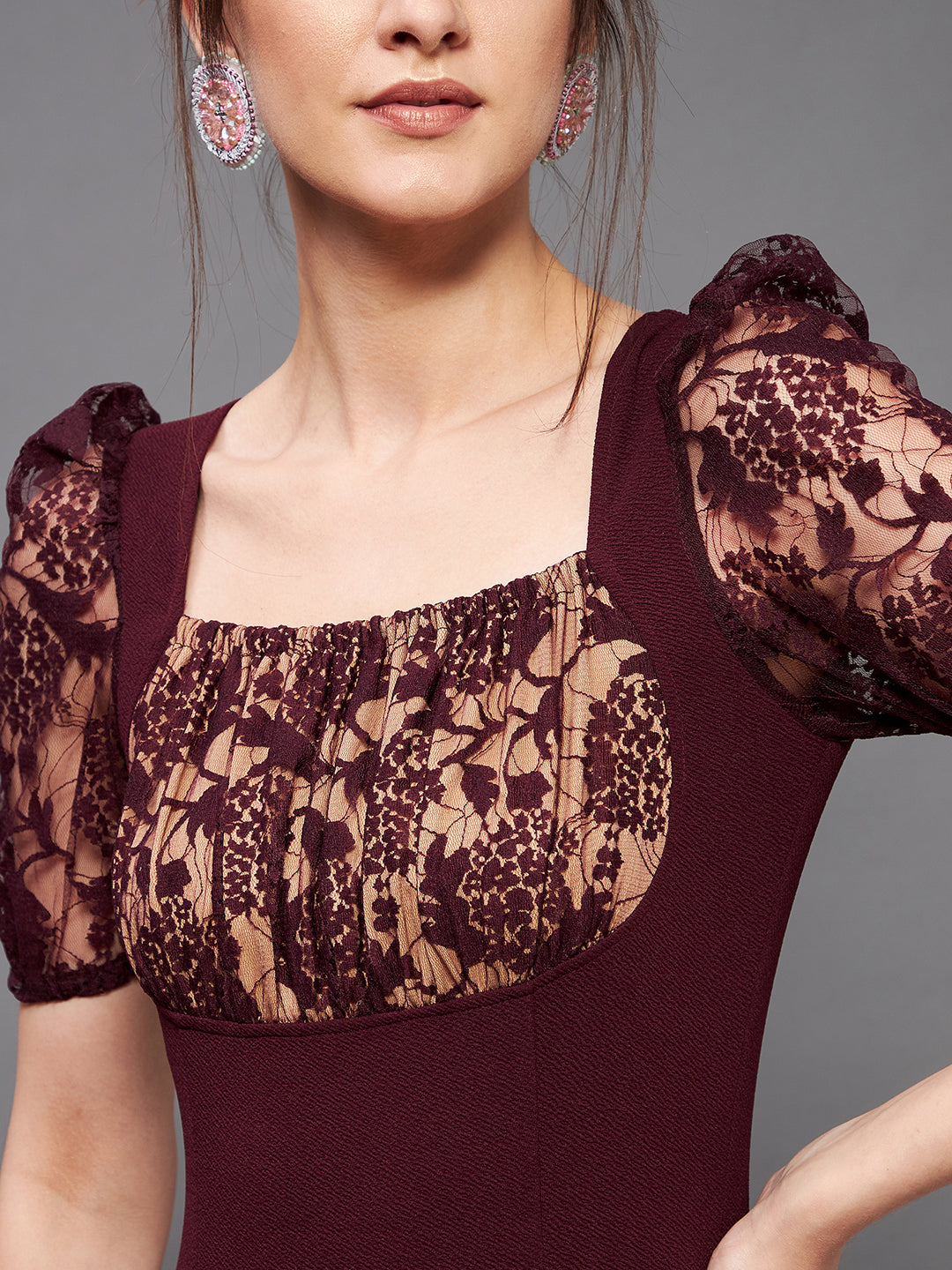 Women's Wine Square Neck Short Puff Sleeve Self Design Lace Overlaid Bodycon Midi Dress