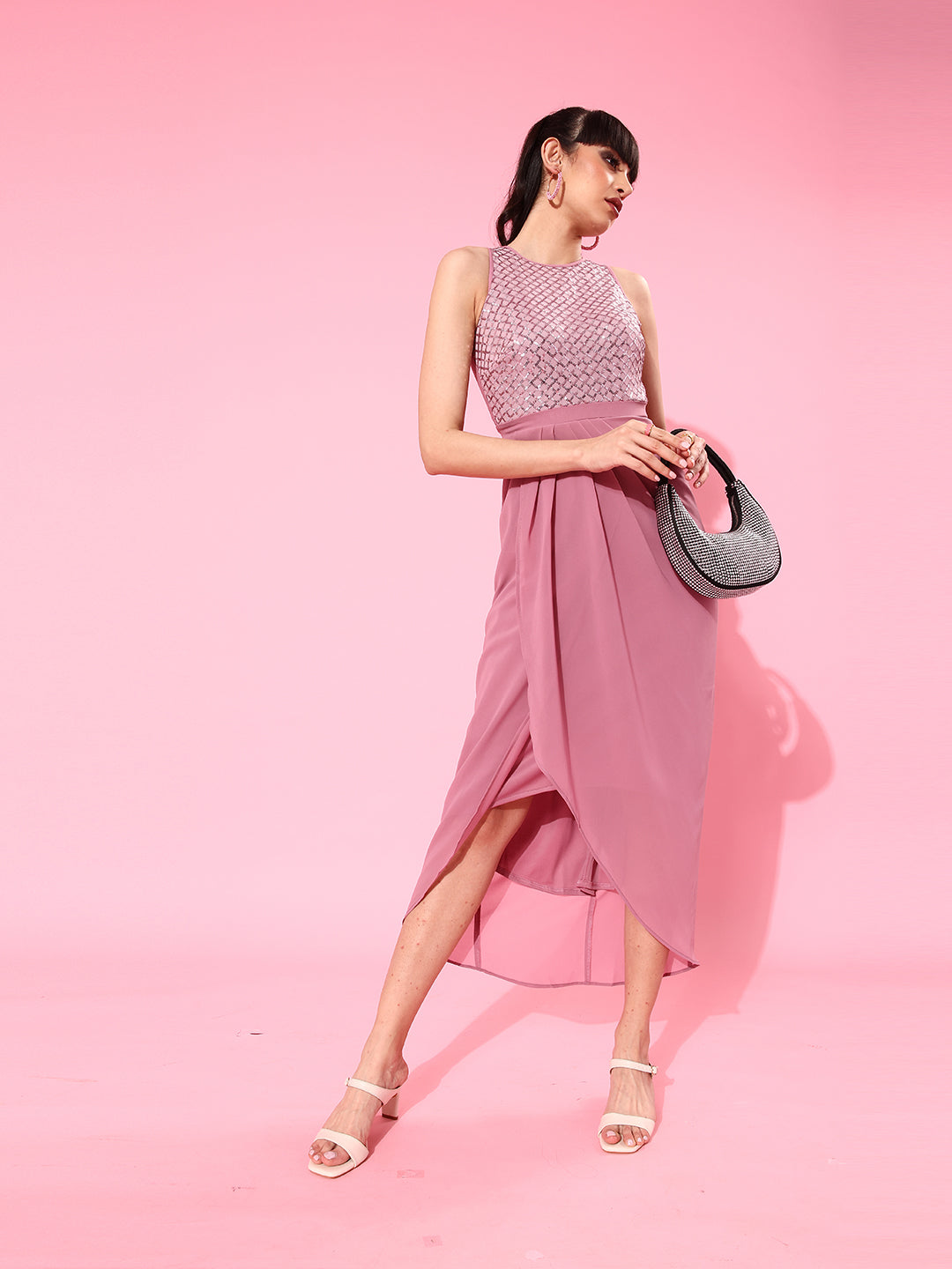 Women's Dusty Lavender Round Neck Sleeveless Embellished Midi Dress