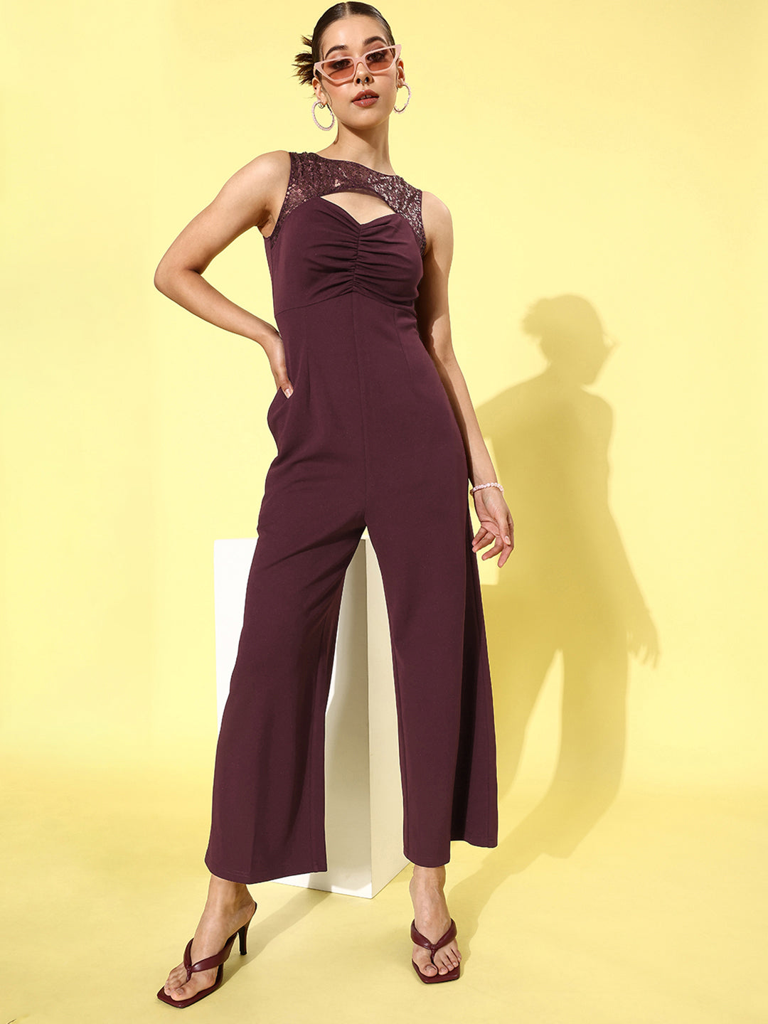 Crease Ease Women's Wine Boat Neck Sleeveless Embellished Regular Jumpsuit