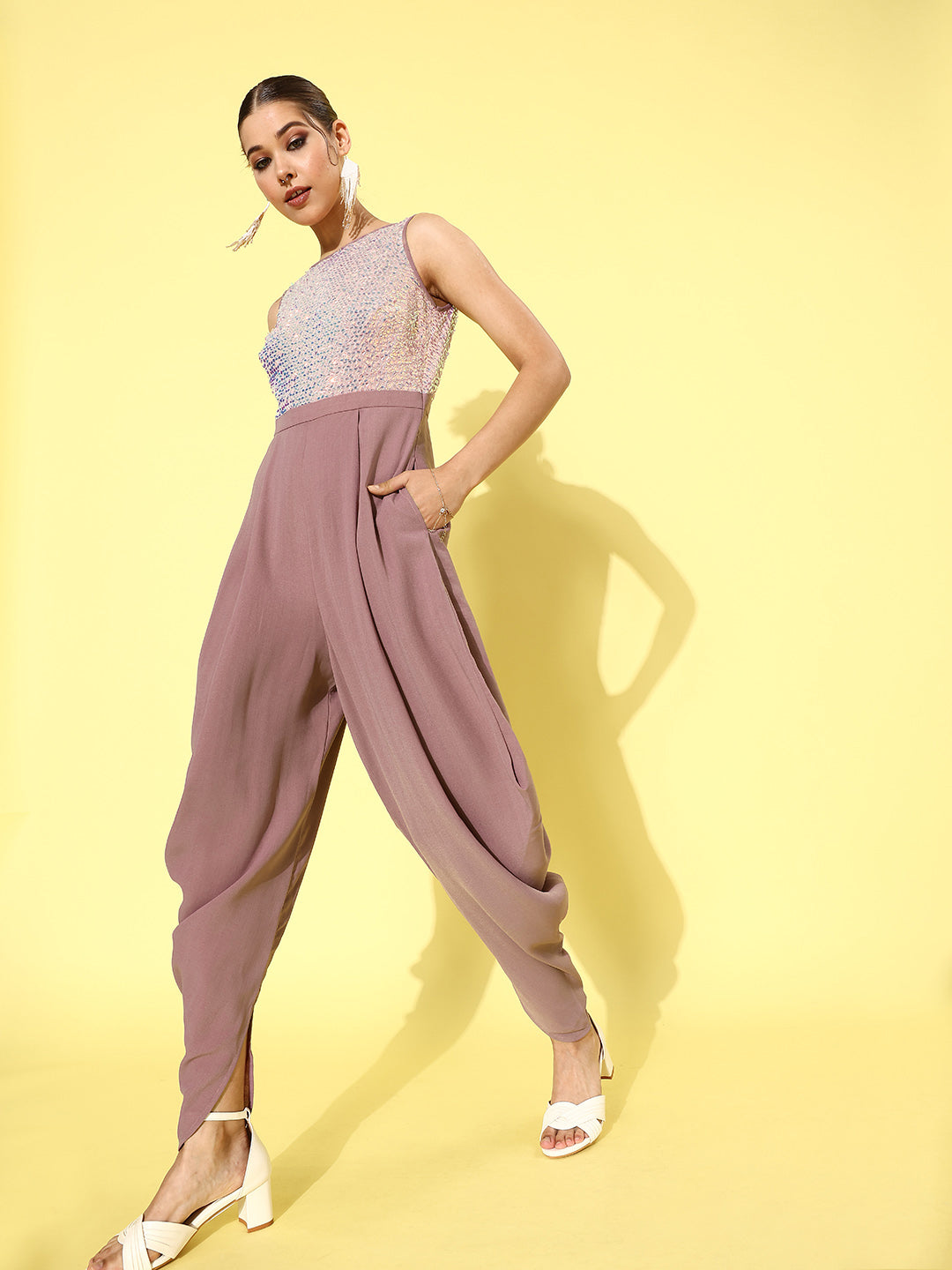 Women's Dusty Lavender Round Neck Sleeveless Sequined Party Jumpsuit