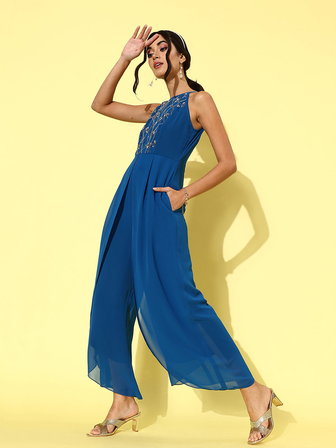 Women's Royal Blue Round Neck Sleeveless Sequined Halter Neck Party Jumpsuit