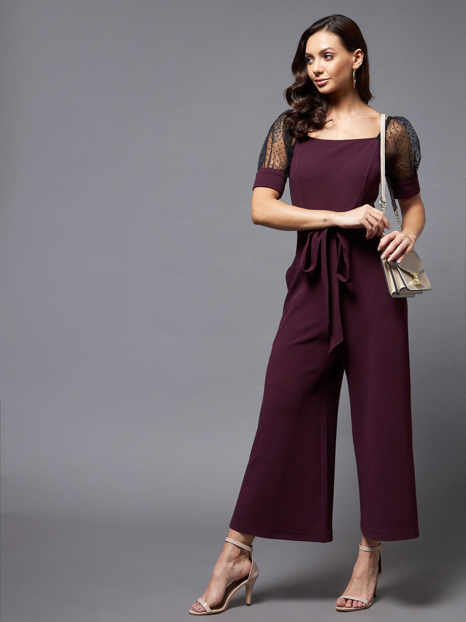 Crease Ease Women's Dark Purple & Black Solid Straight Leg Square Neck Half Sleeve Relaxed Fit Jumpsuit