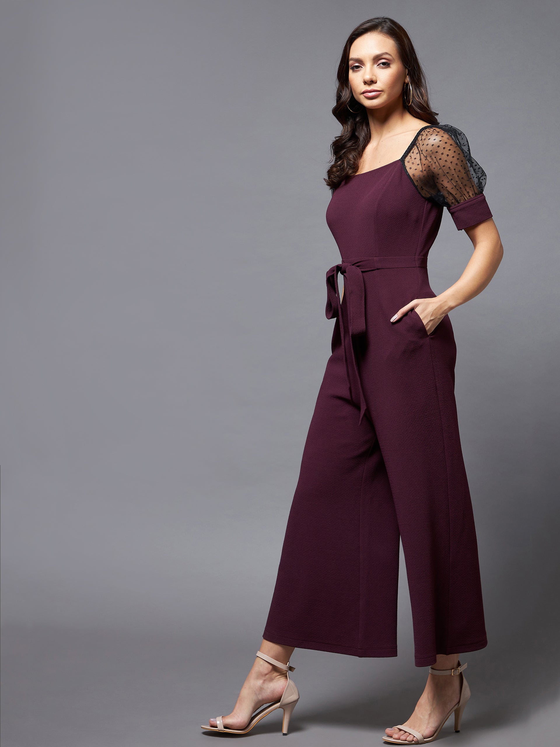 Crease Ease Women's Dark Purple & Black Solid Straight Leg Square Neck Half Sleeve Relaxed Fit Jumpsuit