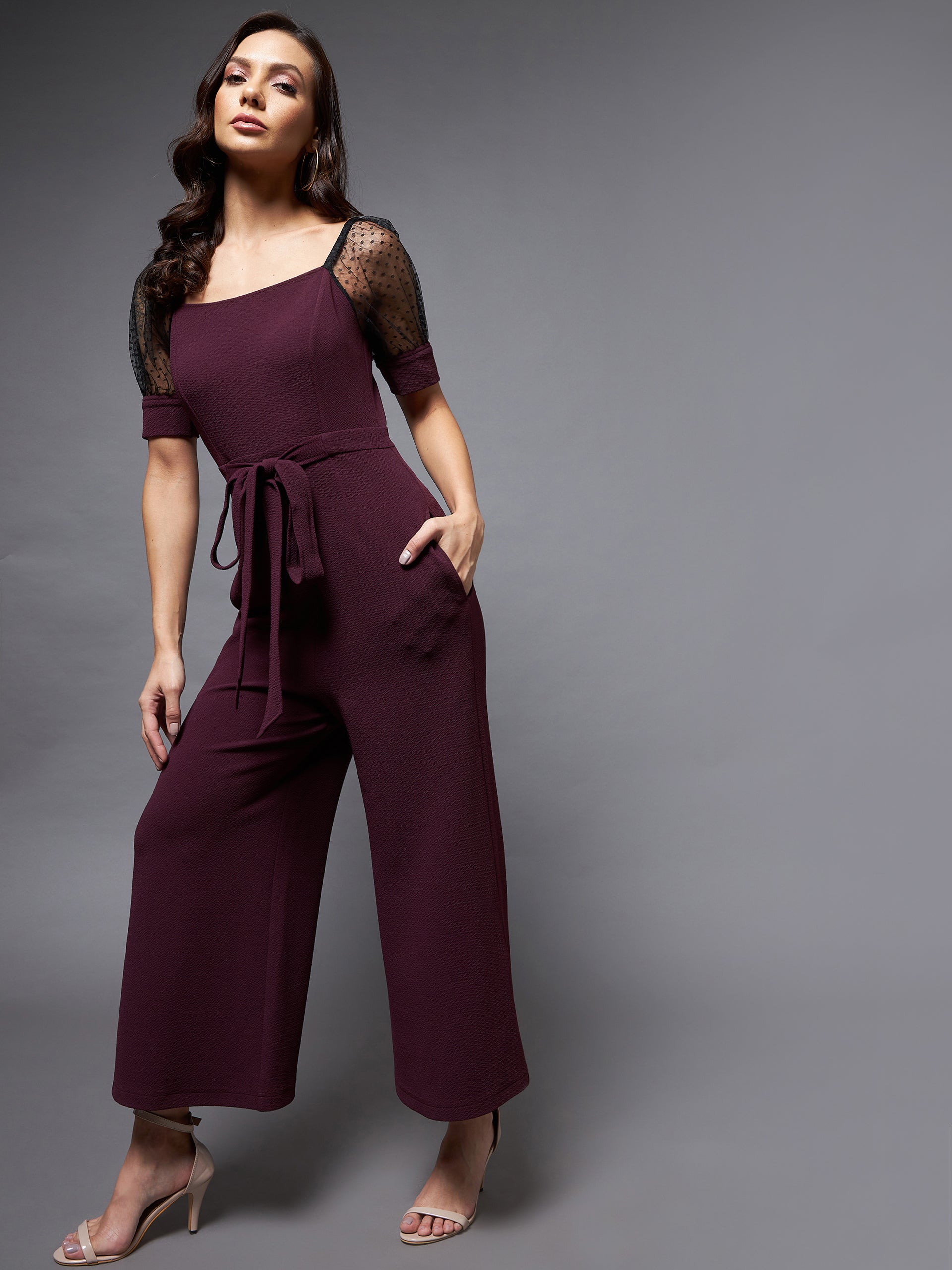 Crease Ease Women's Dark Purple & Black Solid Straight Leg Square Neck Half Sleeve Relaxed Fit Jumpsuit