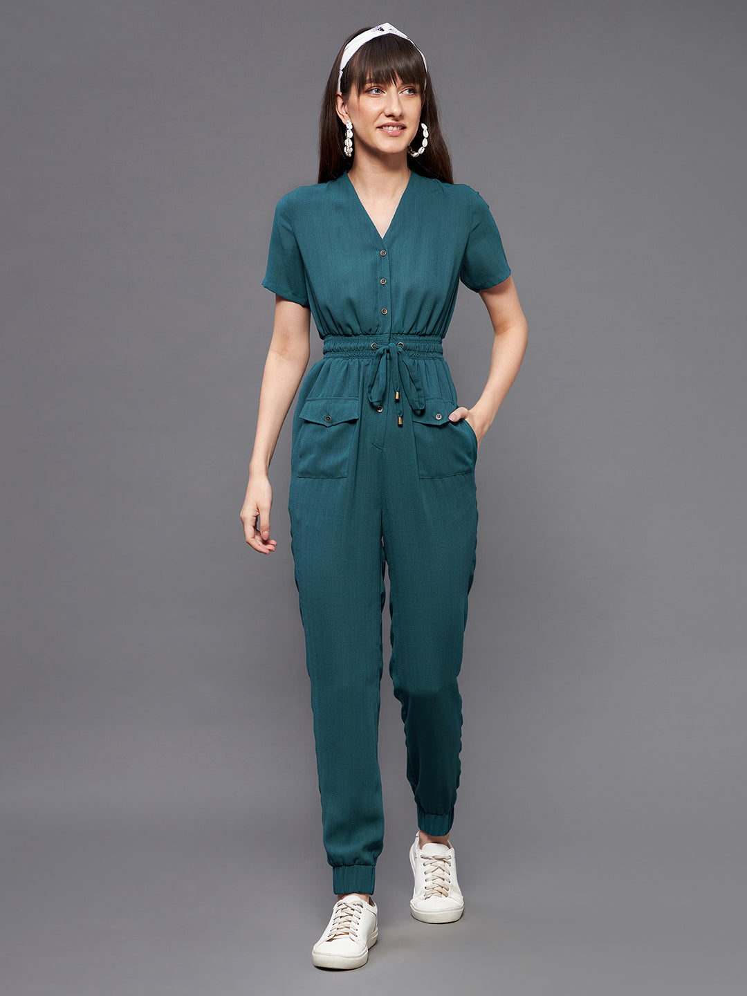 Women's Dusty Turquoise V-Neck Short Sleeve Solid Straight Leg Polyester Regular Jumpsuit