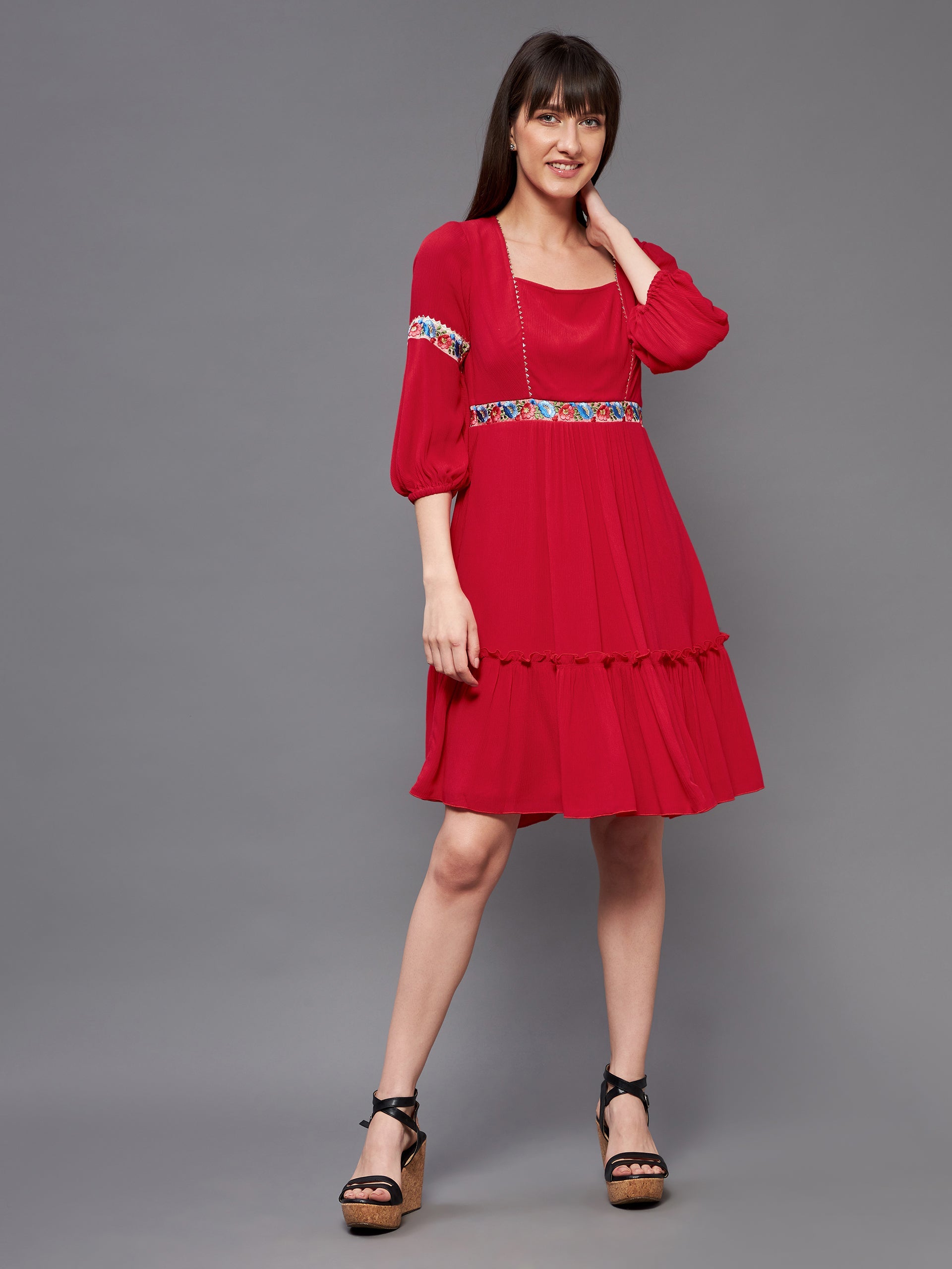 Women's Red Square Neck Bishop Sleeve Viscose Rayon Solid Gathered Midi Dress