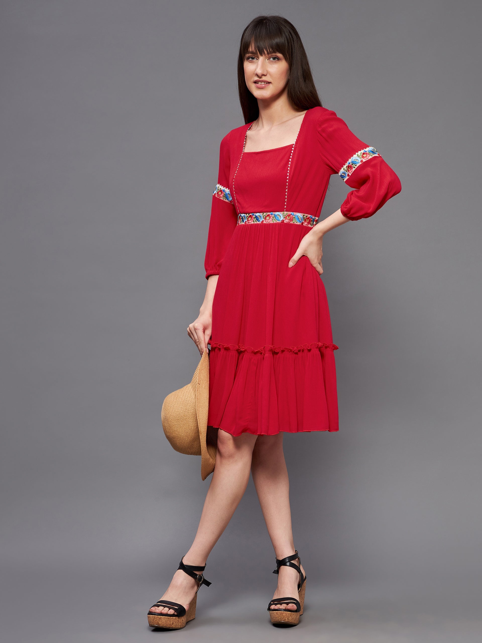 Women's Red Square Neck Bishop Sleeve Viscose Rayon Solid Gathered Midi Dress