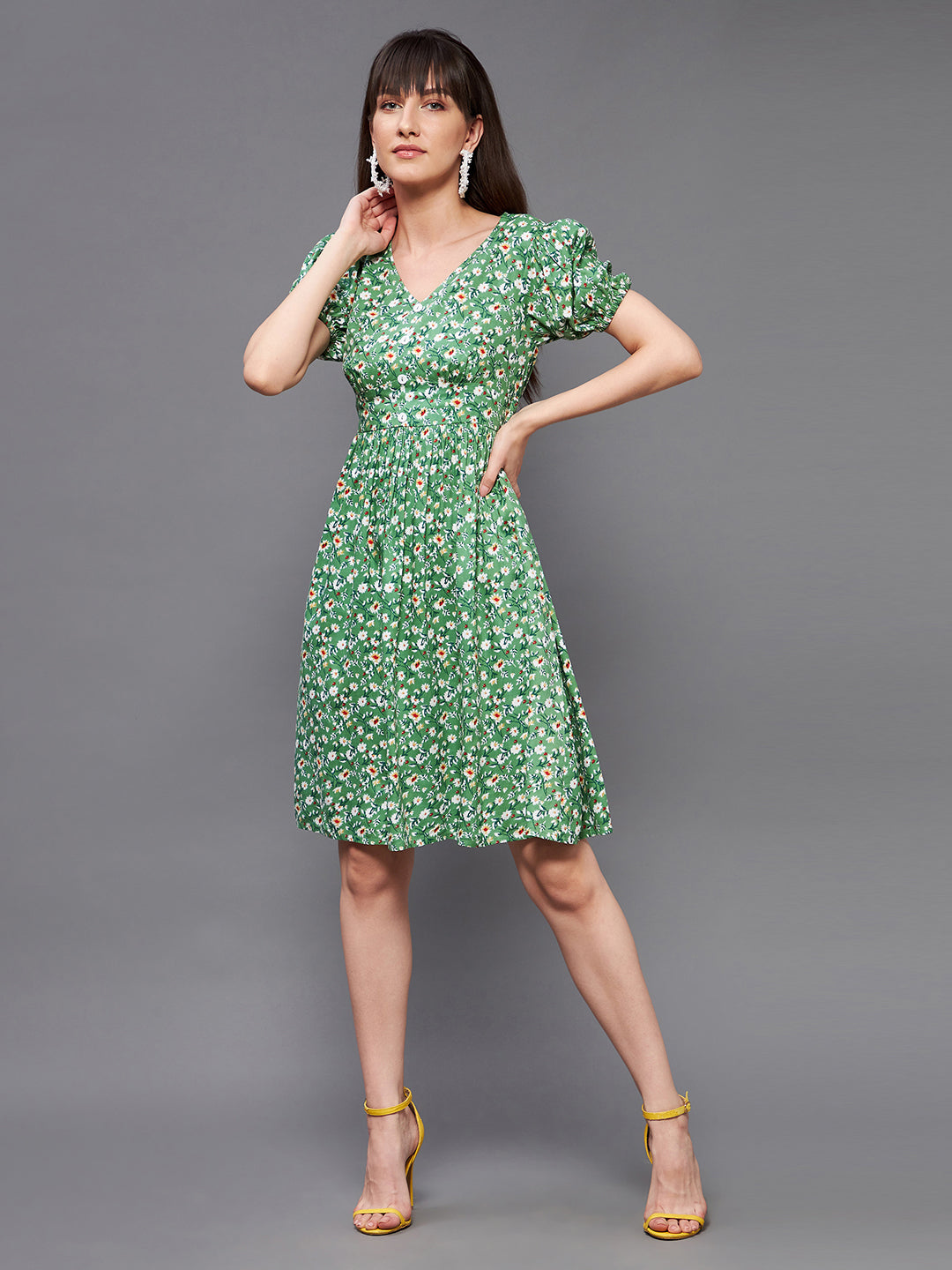 Women's Multicolored-Base-Green V Neckline Short Sleeve Viscose Rayon Floral Fit & Flare Midi Dress