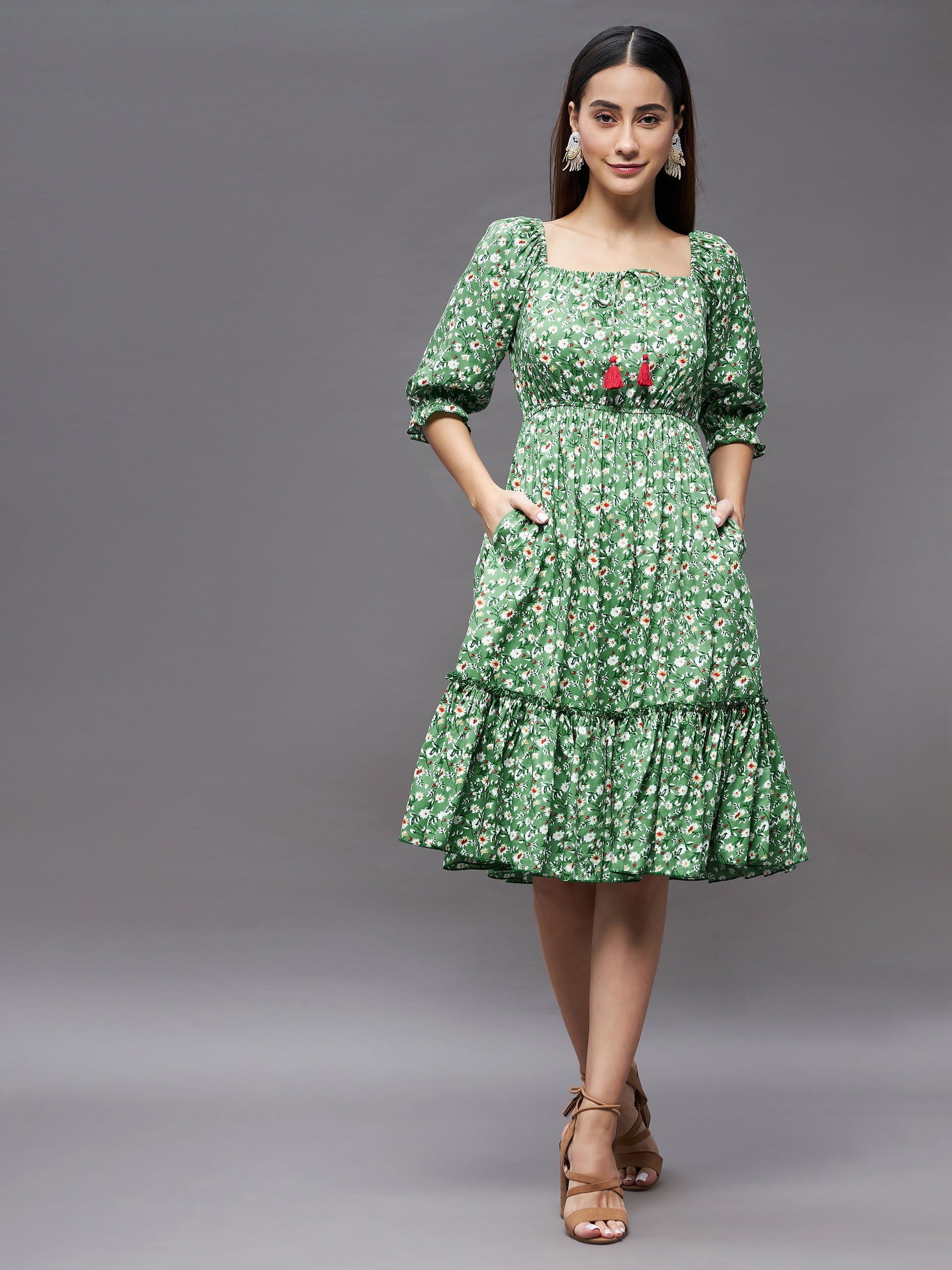 Women's Green Floral Square Neck 3/4 Sleeve Viscose Rayon Ruffled Knee Length Dress