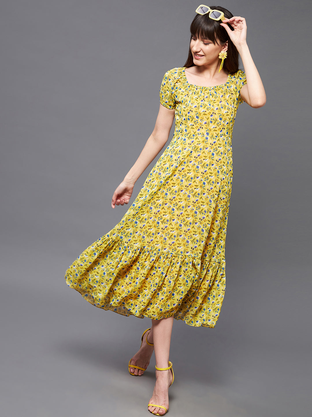 Women's Multicolored Base-Yellow Square Neck Short Puff Sleeve Floral Tiered Georgette Midi Dress