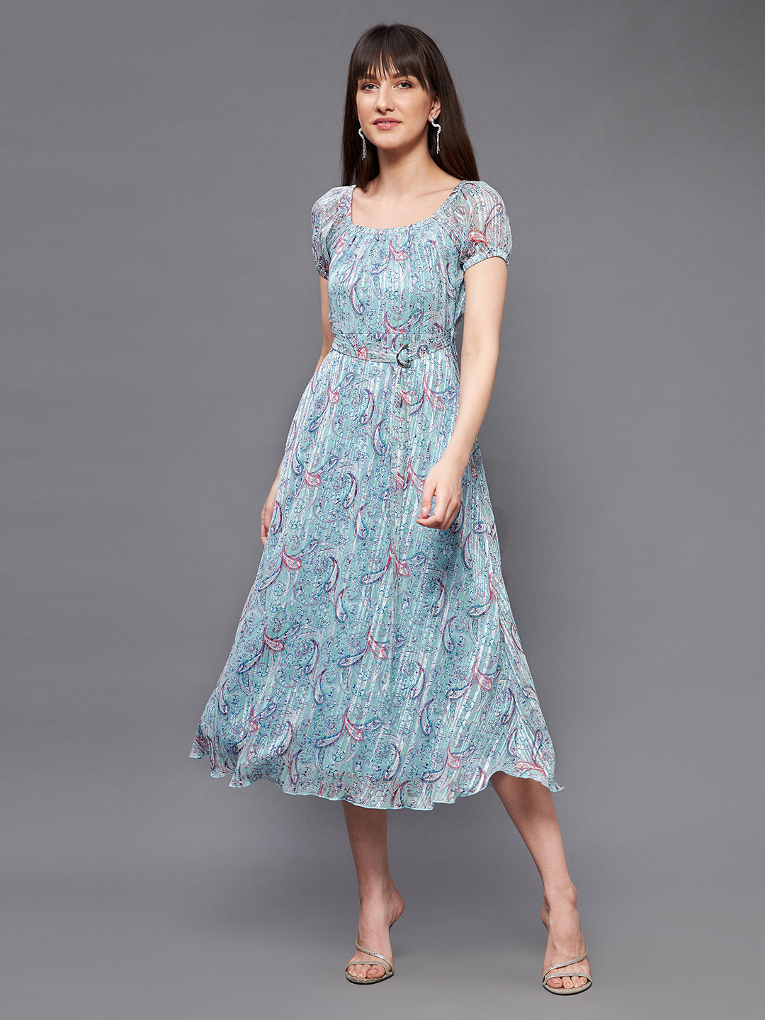 Women's Multicolored Base-Light Blue Square Neck Short Puff Sleeve Bohemian Fit & Flare Georgette Midi Dress