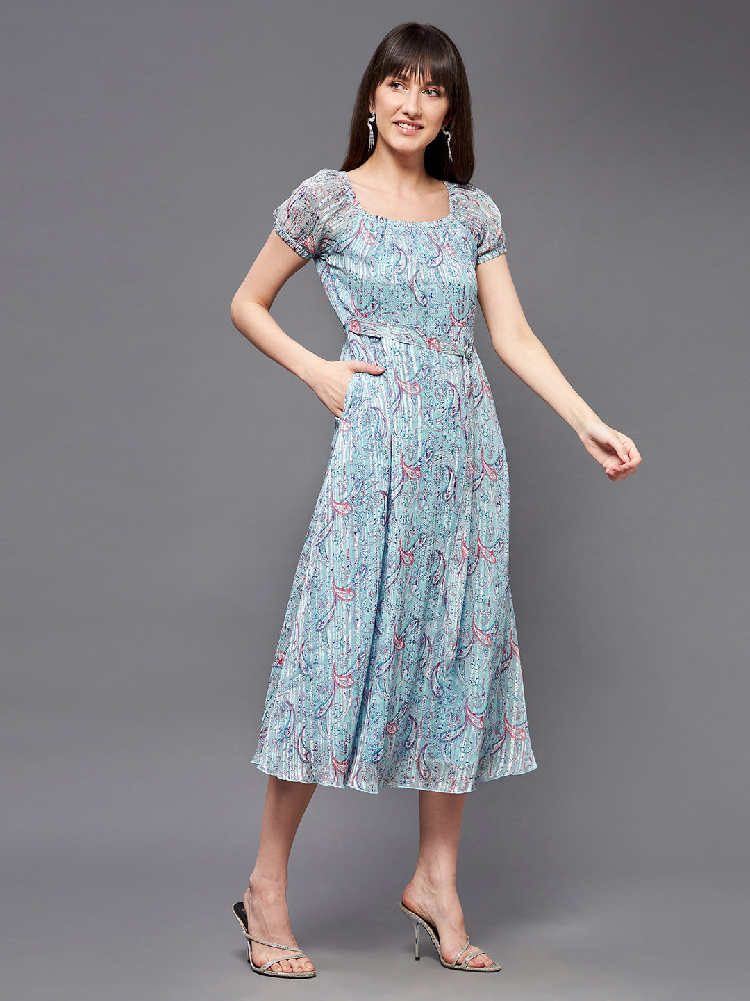 Women's Multicolored Base-Light Blue Square Neck Short Puff Sleeve Bohemian Fit & Flare Georgette Midi Dress