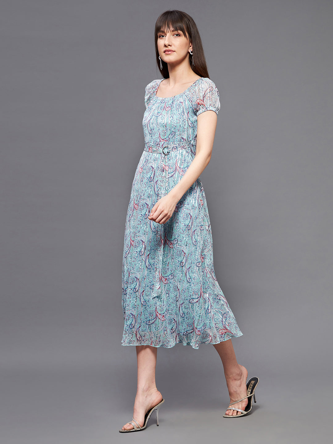 Women's Multicolored Base-Light Blue Square Neck Short Puff Sleeve Bohemian Fit & Flare Georgette Midi Dress