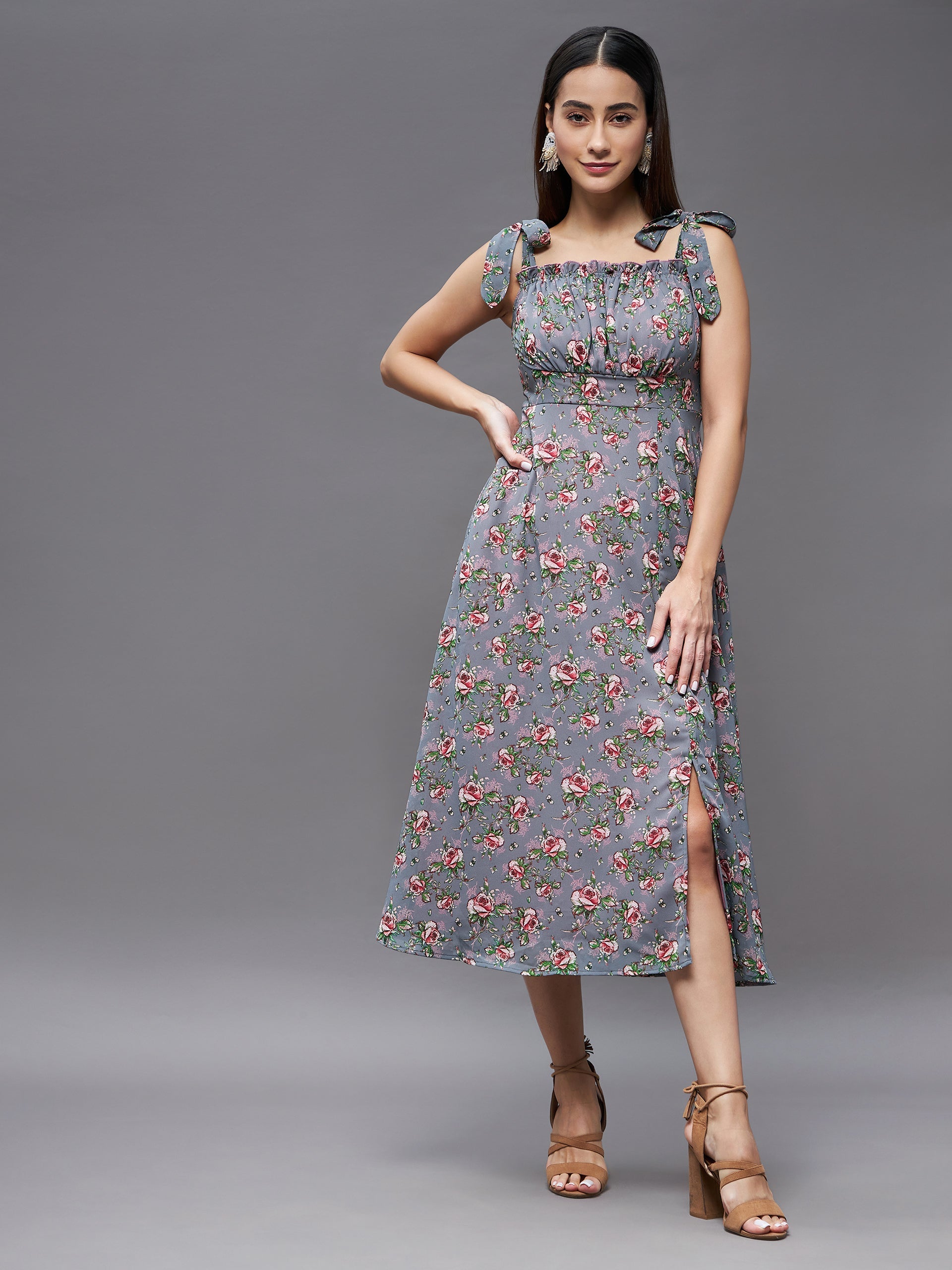 Women's Multicolored Base-Grey Shoulder Tie-Up Sleeveless Floral Georgette Midi Dress