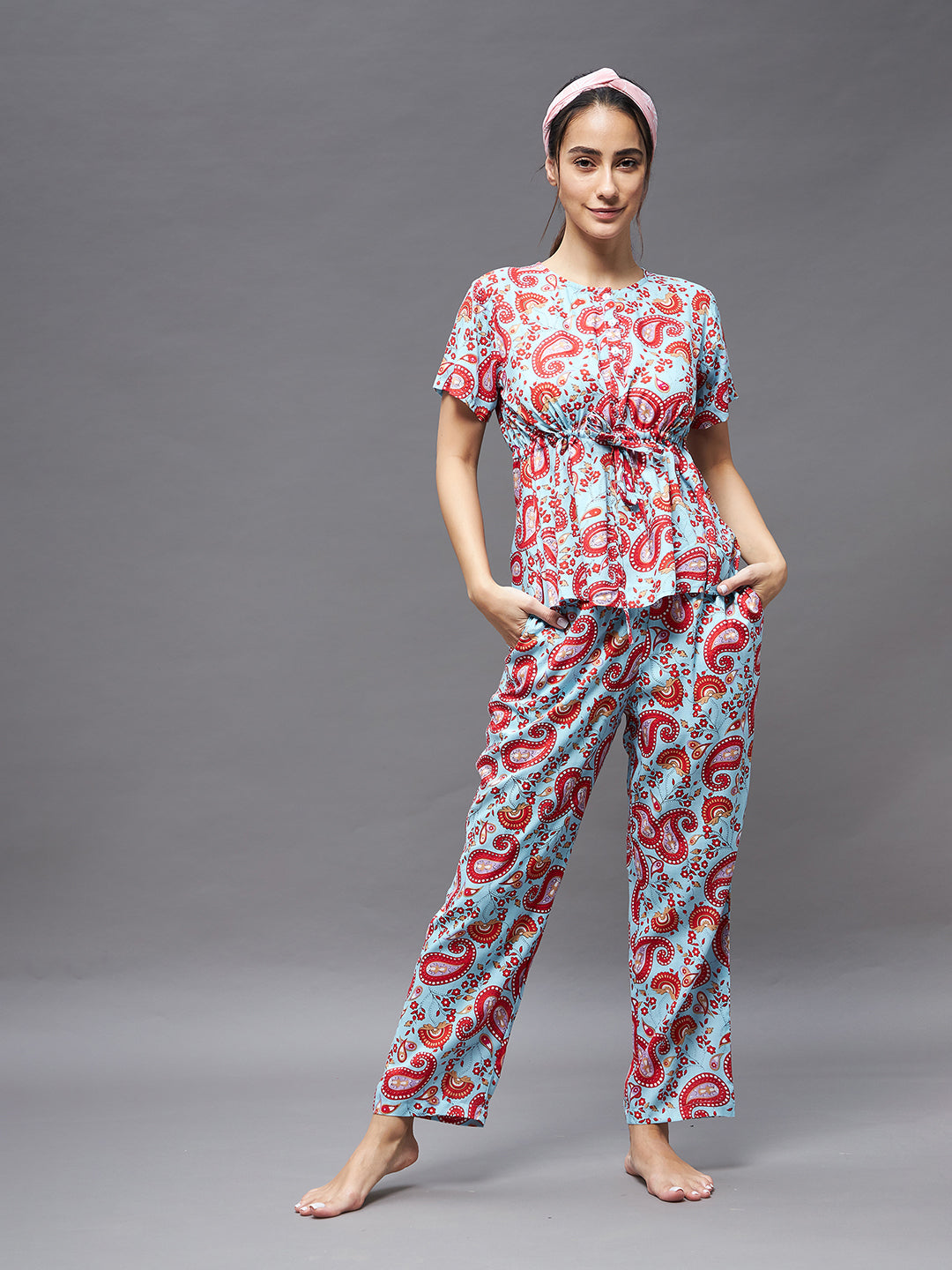 Women's Blue and red Round Neck Short Sleeve Printed Button Down Placket Regular Top & Pajama Set