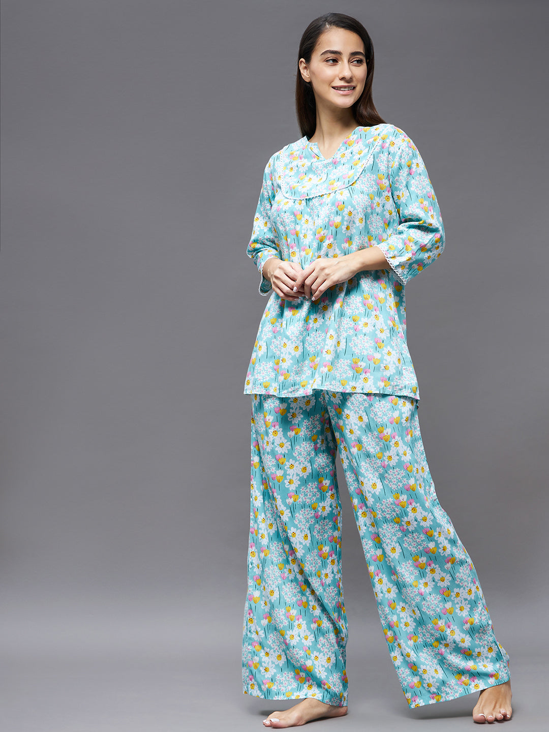 Women's Light Blue Round Neck 3/4 Sleeve Floral Front Yoke Regular Kurta Set