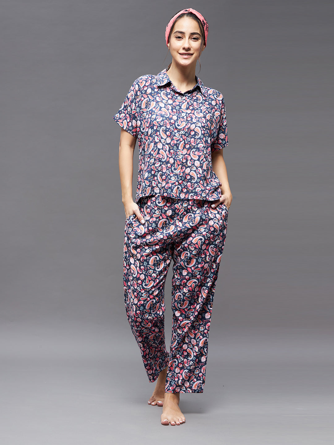 Women's Navy blue and pink V Neck Short Sleeve Printed Shirt collar Regular Top & Pajama Set