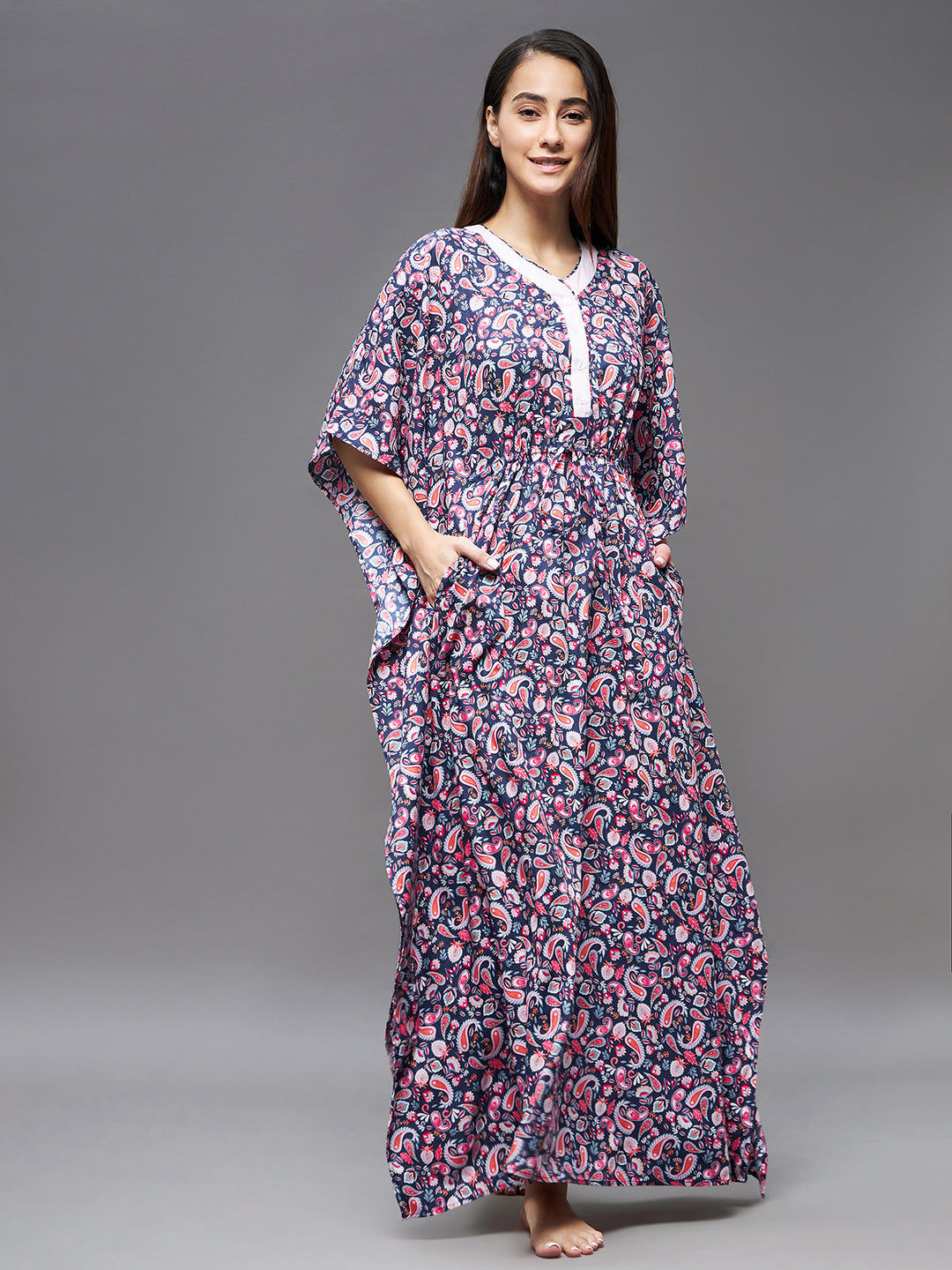 Women's Navy blue and pink V Neck 3/4 Sleeve Printed Front Placket Maxi Kaftan Dress